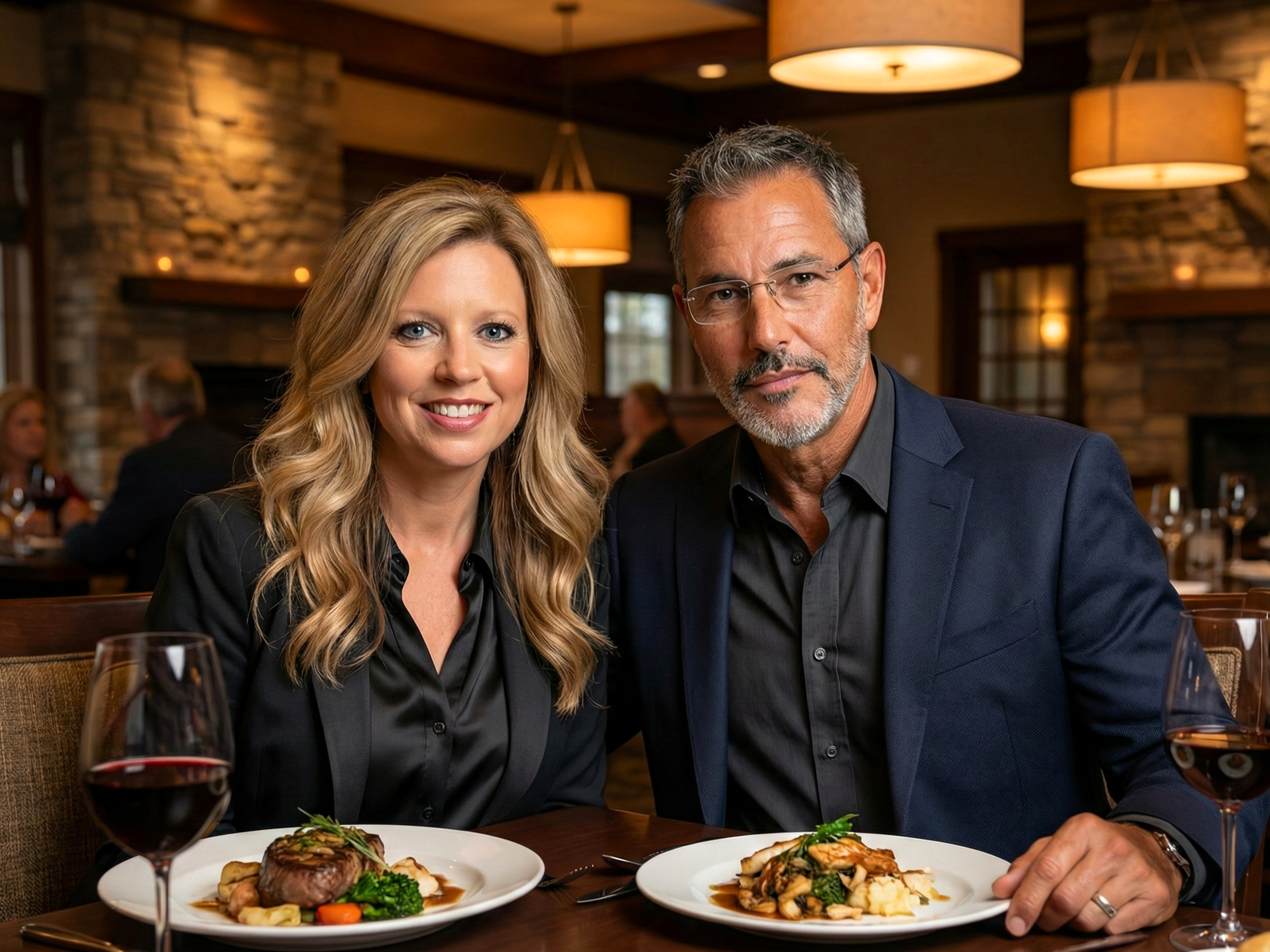 Heather Killebrew and Joey Montes seated at a restaurant table with steak, dinner plates, and red wine in Wentzville, MO.