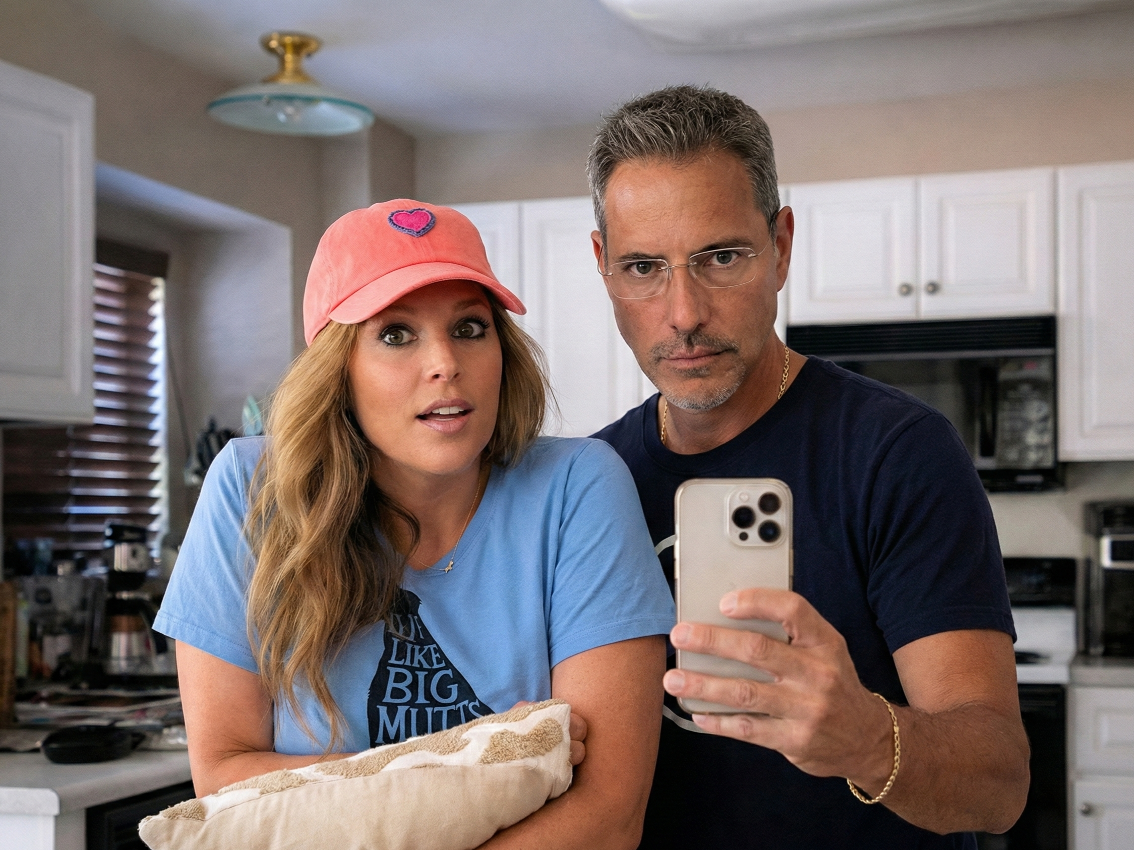 Joey Montes taking a mirror selfie with his phone while Heather looks surprised in a kitchen in Wildwood, Missouri in late June 2018.