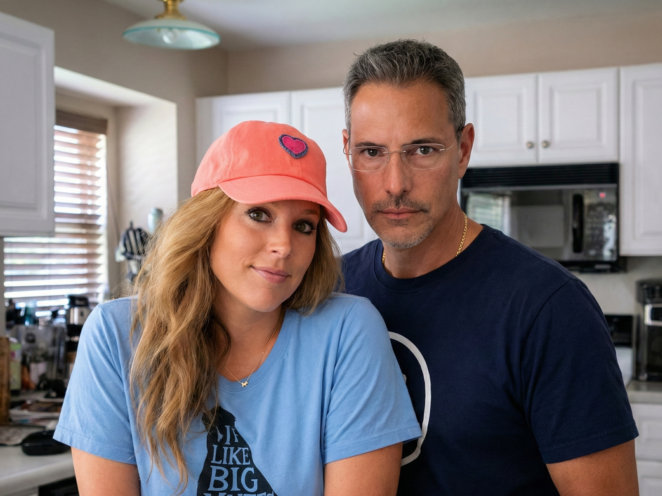 Joey Montes looking serious and Heather smiling in a kitchen in Wildwood, Missouri in late June 2018.