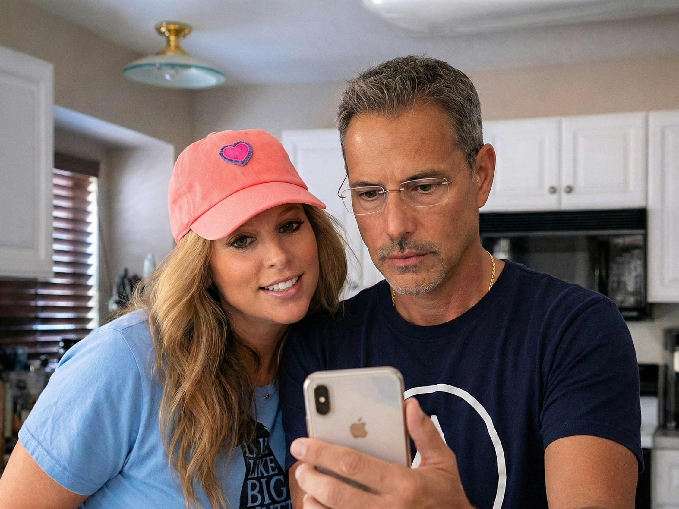 Joey Montes and Heather smiling and looking at a phone together in a kitchen in Wildwood, Missouri in late June 2018.