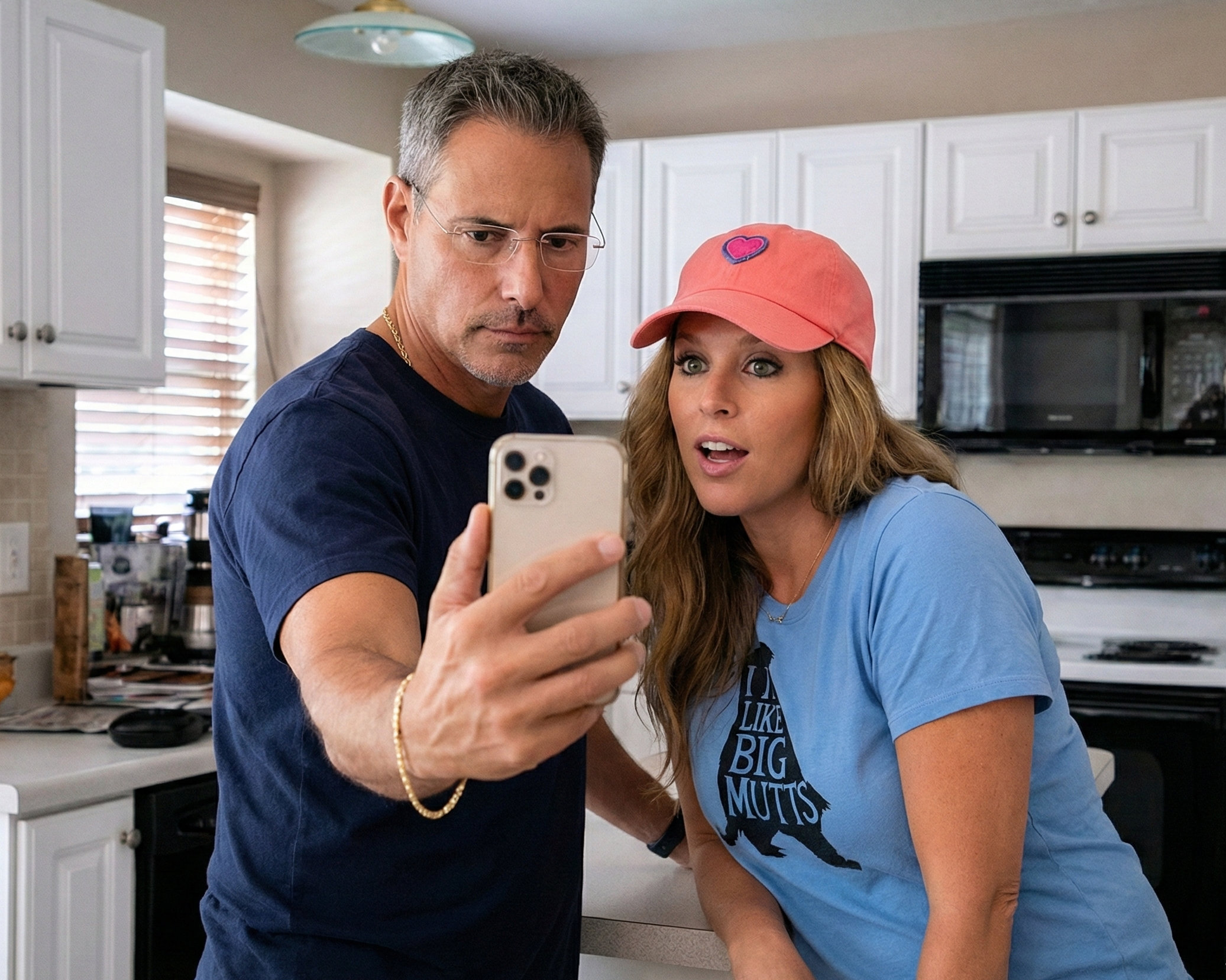 Joey Montes taking a selfie while Heather makes a funny surprised face at the phone screen in a kitchen in Wildwood, Missouri in late June 2018.