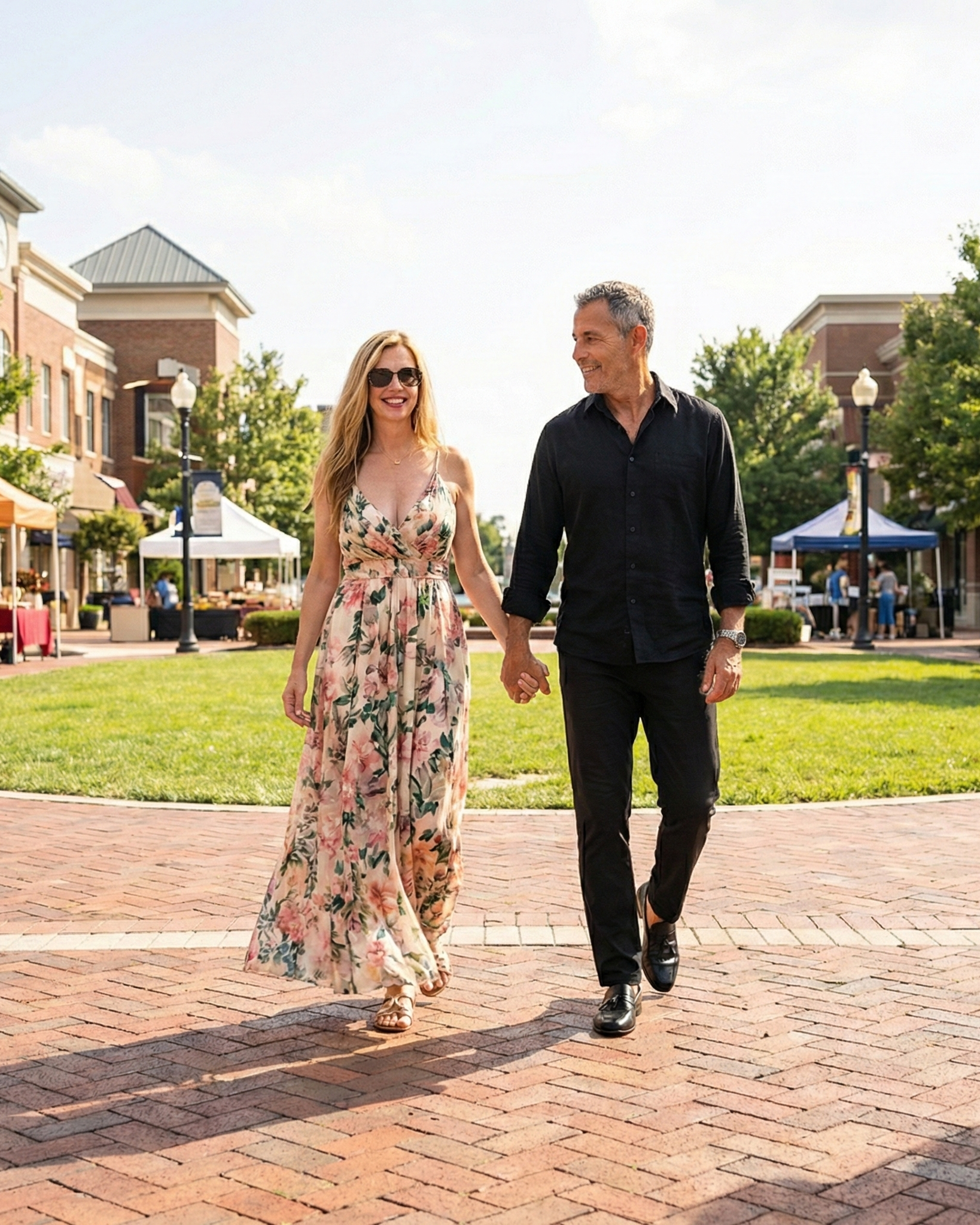 Joey Montes and Heather Killebrew walking hand-in-hand on a sunny day in Wildwood, MO.