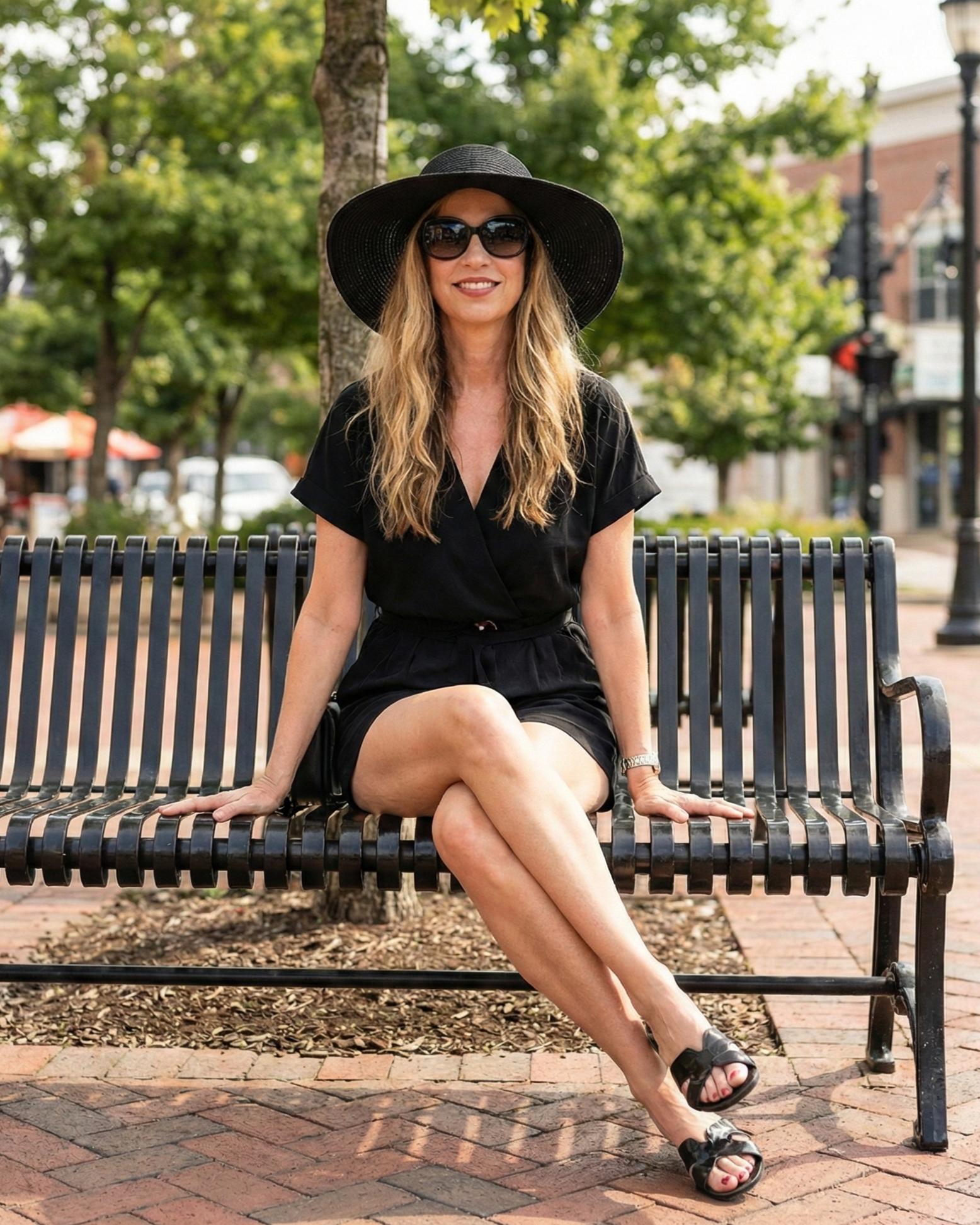 Portrait of Heather Killebrew wearing a sun hat and sunglasses sitting on a bench in Wildwood.