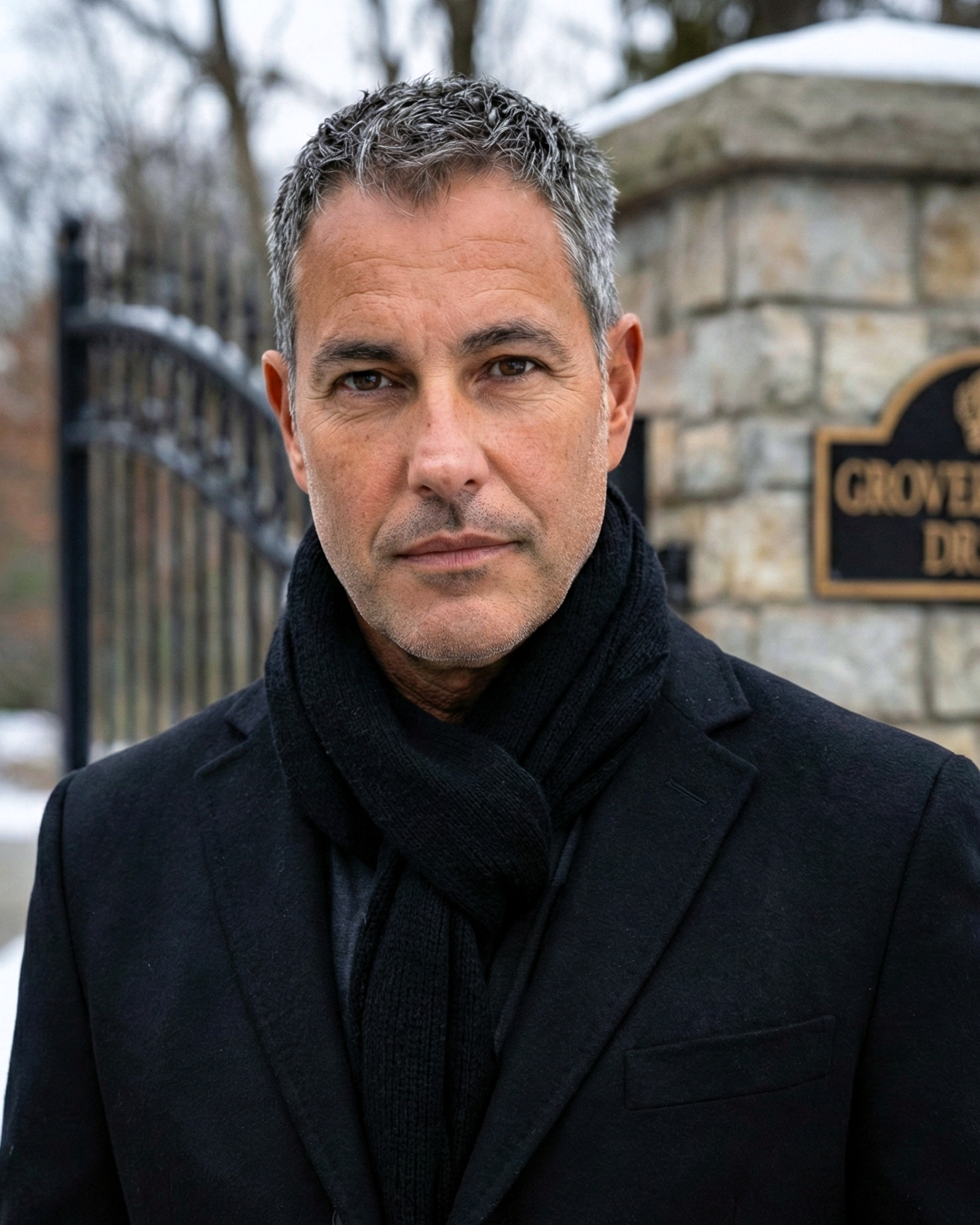 Winter portrait of Joey Montes wearing a black scarf and coat in snowy Wildwood.