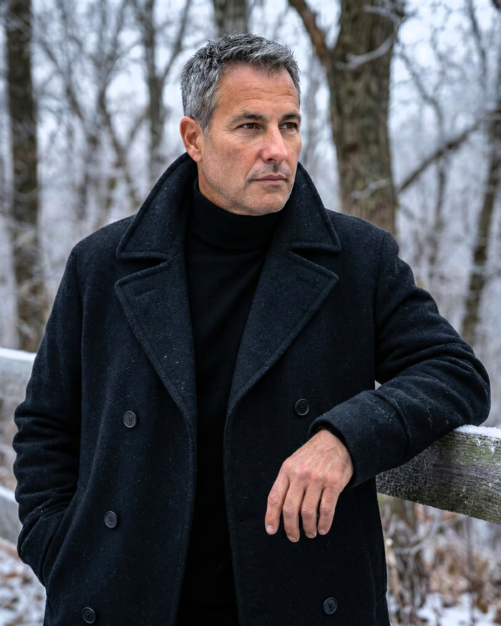 Portrait of Joey Montes leaning on a fence in the snowy woods of Wildwood, MO.