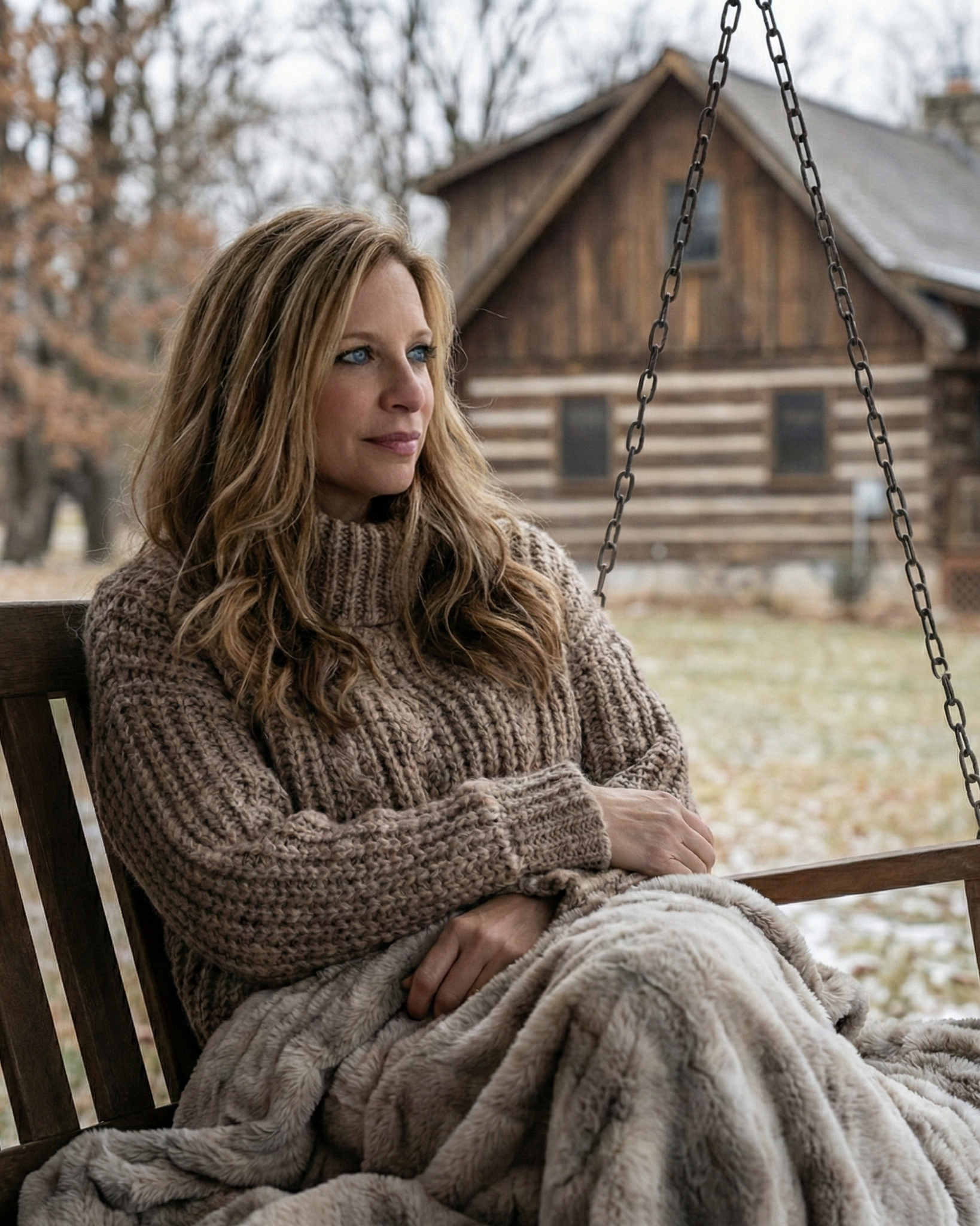Portrait of Heather Killebrew wrapped in a blanket on a porch swing in front of a log cabin.