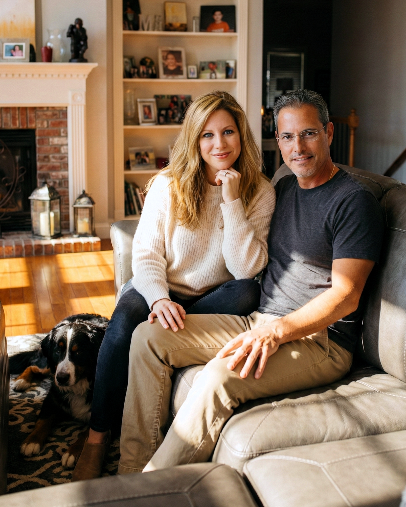 Joey Montes and Heather Killebrew sitting on the couch in Wentzville with their Bernese Mountain Dog.