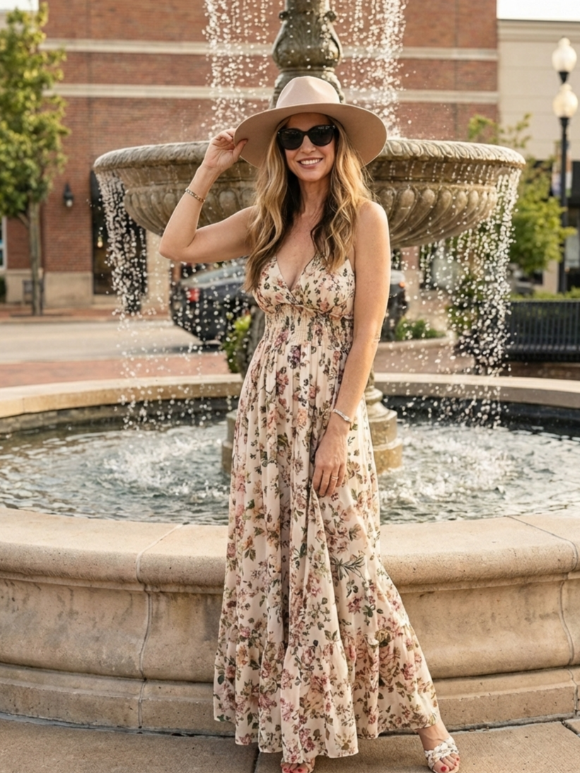 Portrait of Heather Killebrew wearing a sun hat standing in front of a fountain in Wildwood, MO.