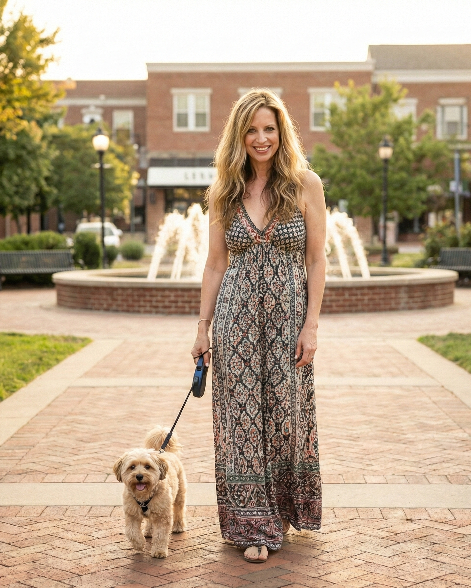 Heather Killebrew walking a small dog in the Wildwood town center square.