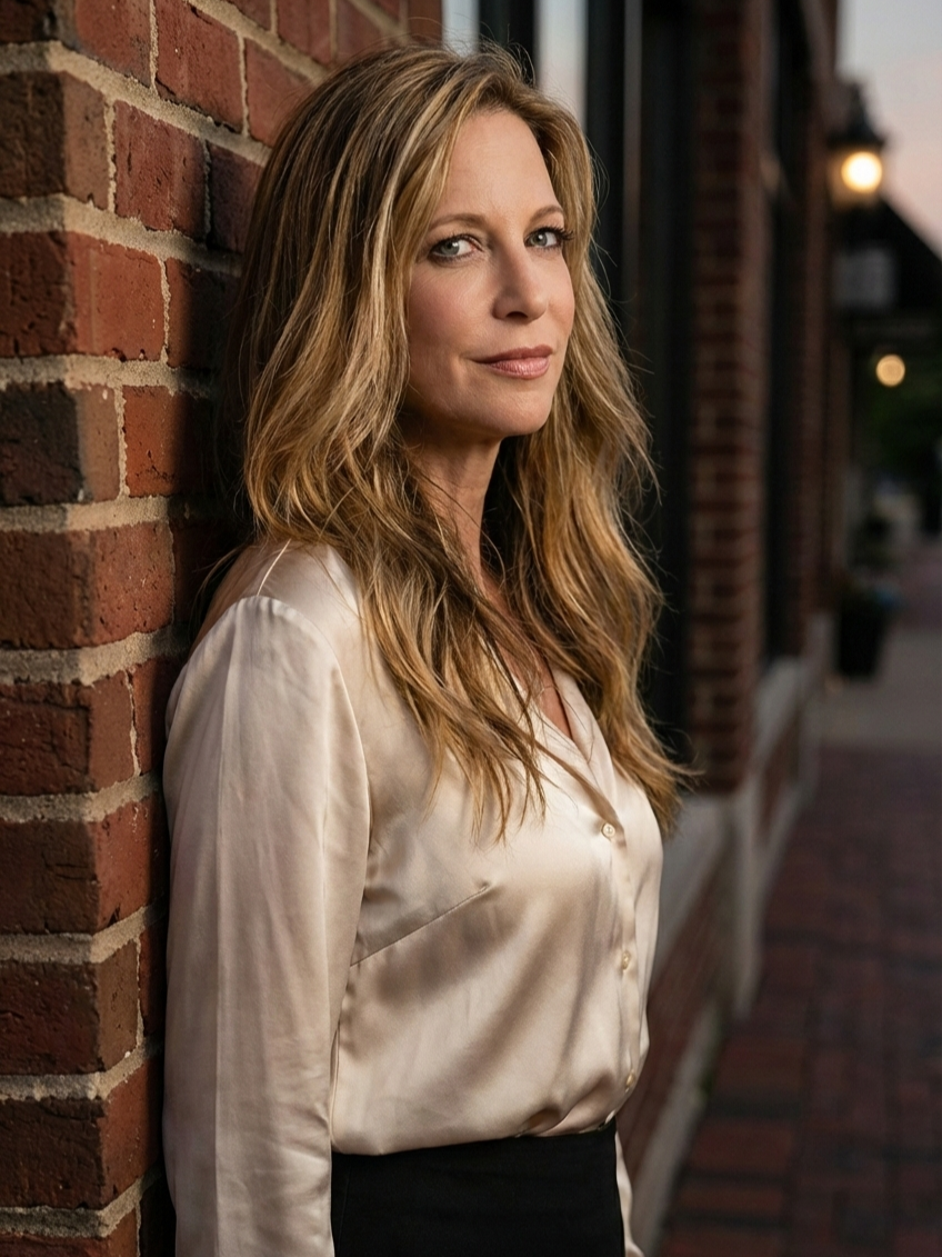 Portrait of Heather Killebrew leaning against a brick wall in the evening in Wildwood, MO.