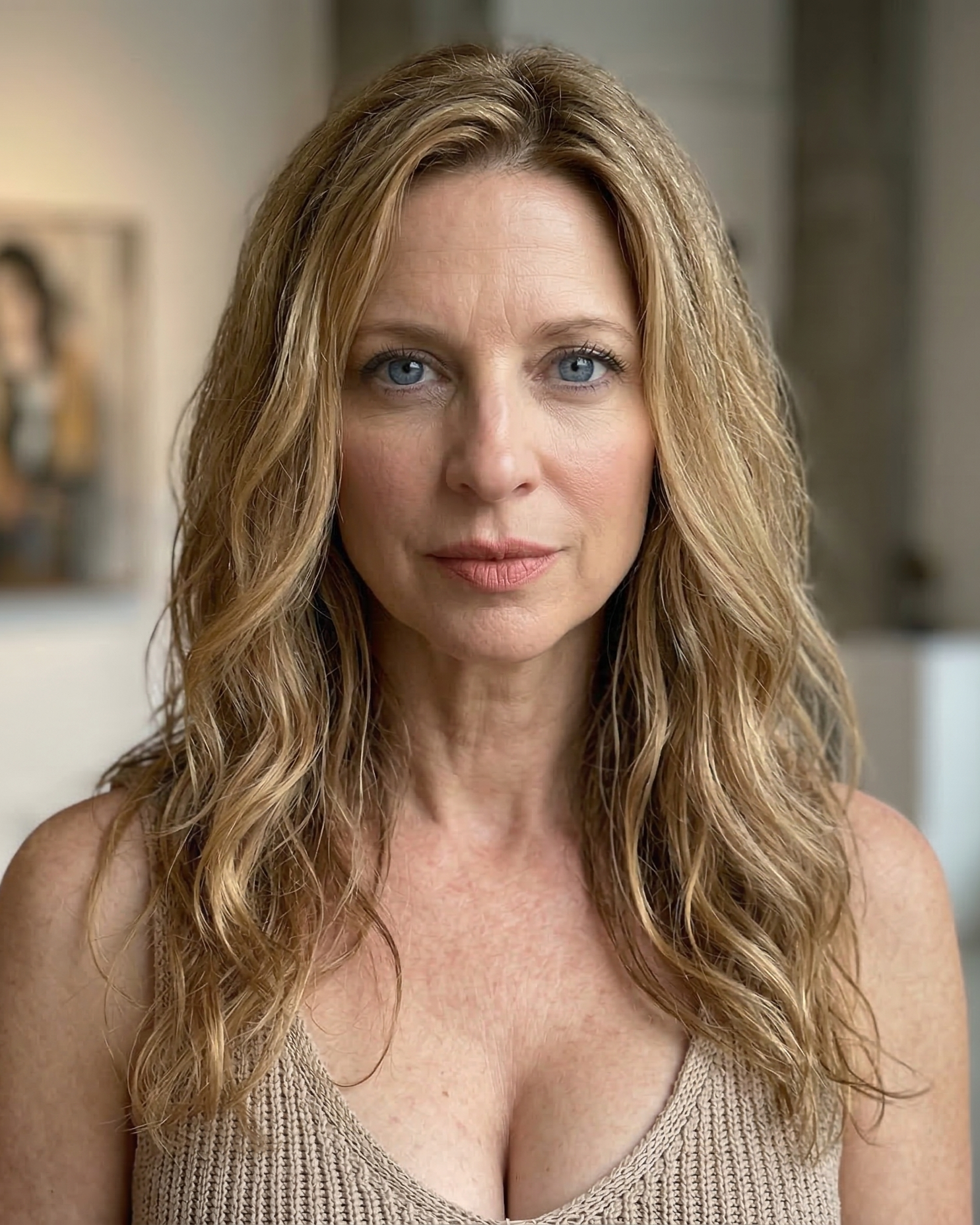 A natural, close-up solo portrait of Heather wearing a tan knit top at home in Wildwood, Missouri in 2022.