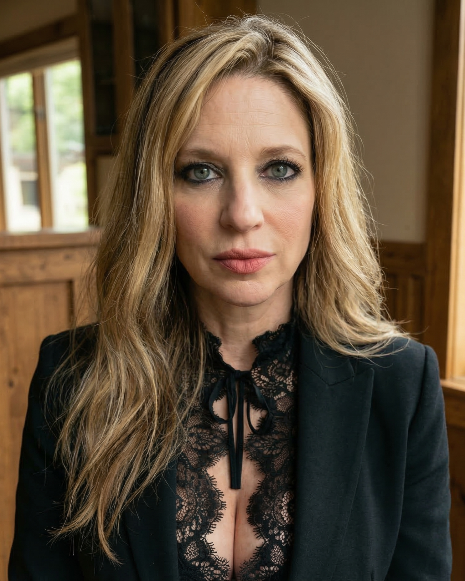 A sophisticated solo portrait of Heather wearing a black blazer and lace top in Wildwood, Missouri in 2022.