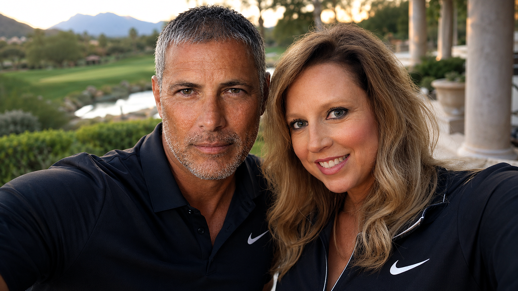 Heather and jrm leaning in together for a selfie at sunset overlooking a golf course in May 2020.