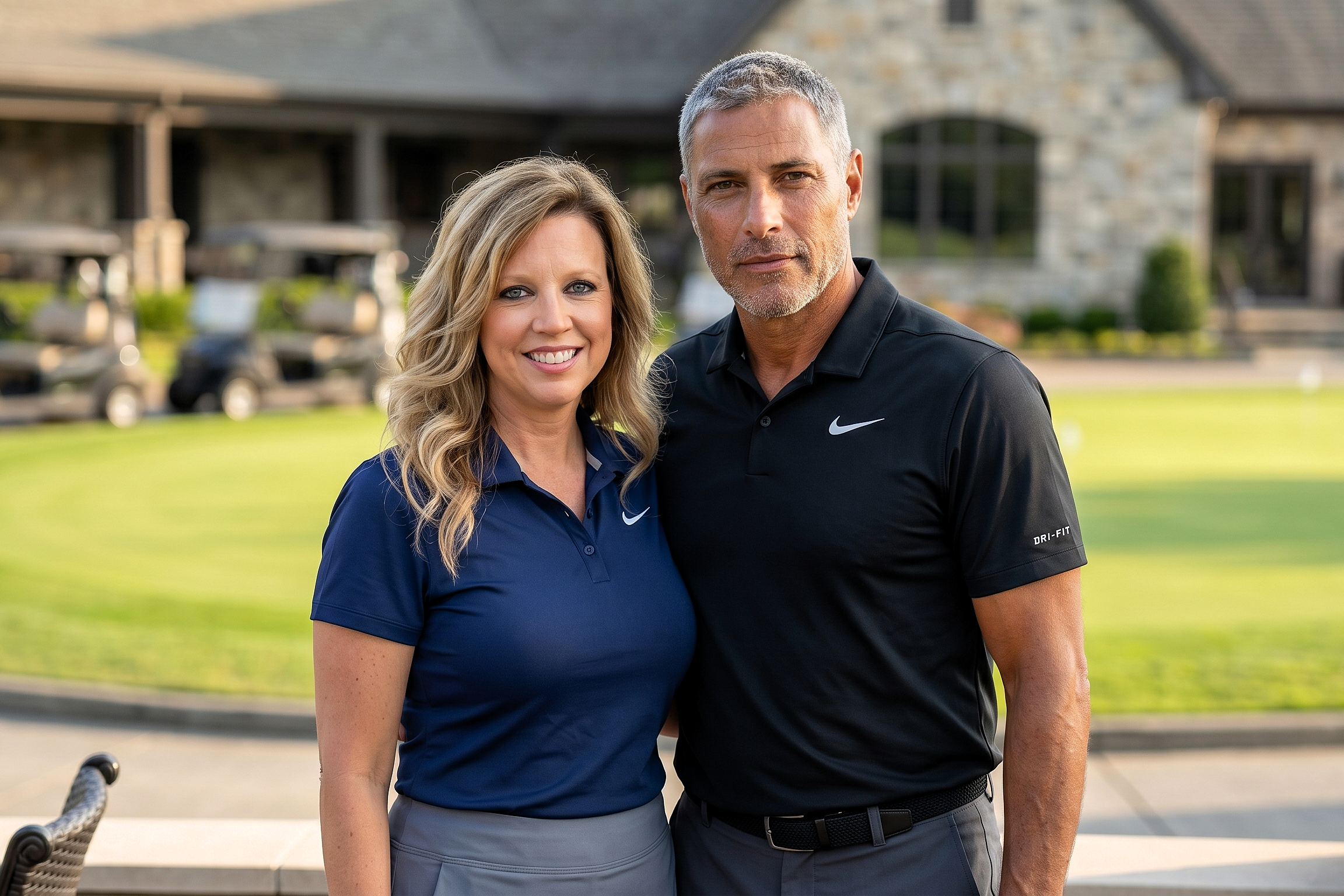 Heather and her companion posing together at a golf club in May 2023, both in Nike athletic wear.