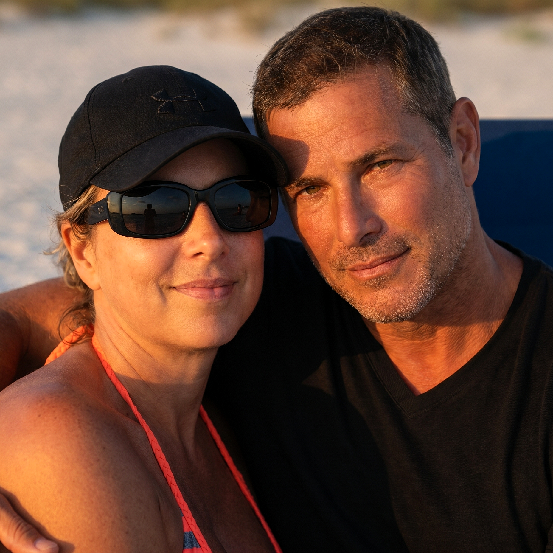 Heather and her companion in a sun-drenched beach portrait in Dresden, June 2018.