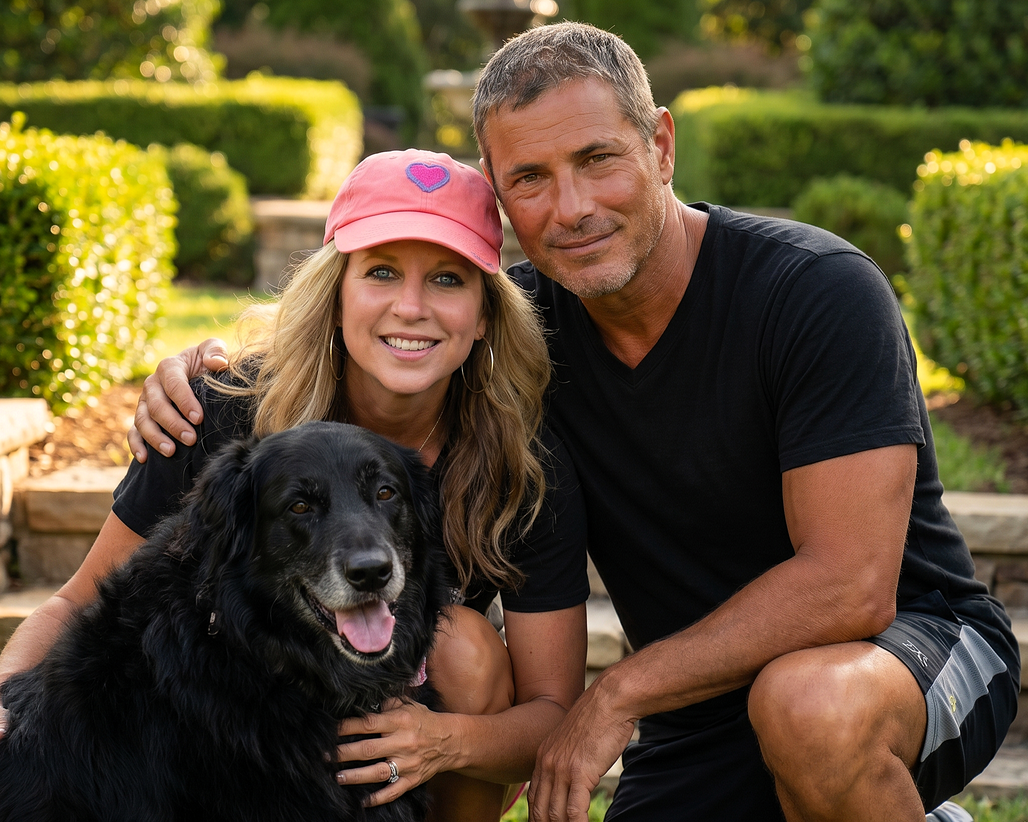 Heather, her companion, and their black dog posing together on a sun-drenched lawn in Dresden on Labor Day 2018.