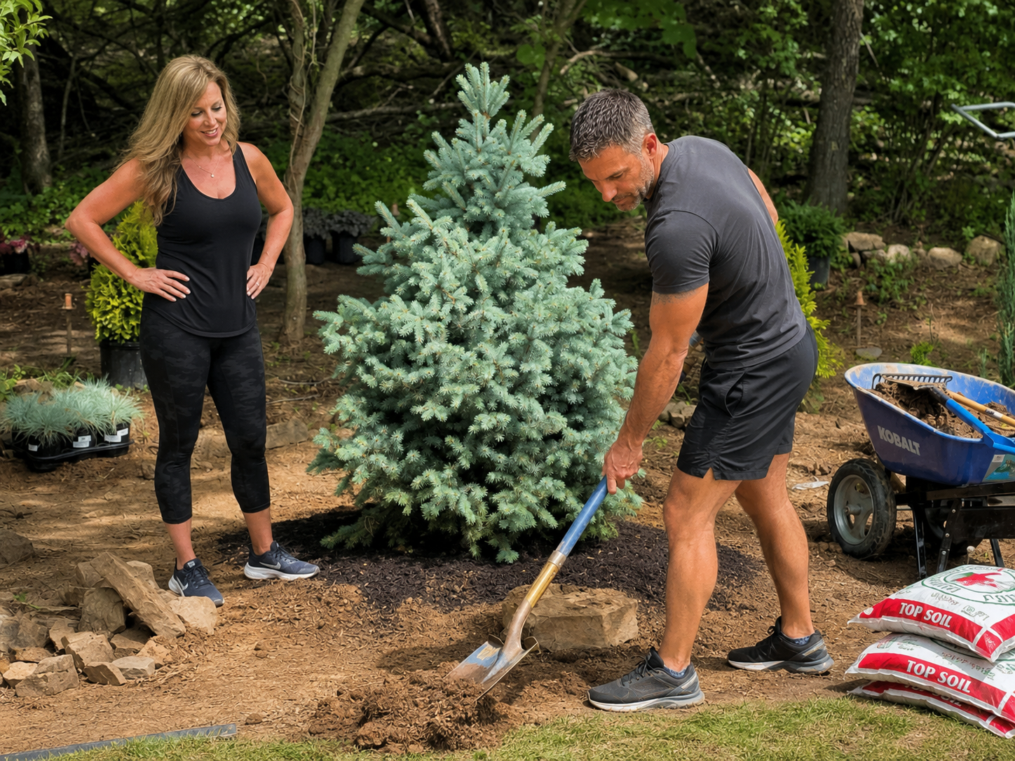 Heather supervising as her companion shovels mulch for a new Blue Spruce in Wildwood, Spring 2020.