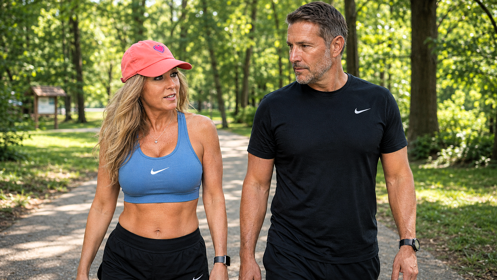 Heather and jrm in mid-stride during a summer 2018 trail walk, engaged in conversation and fitness.