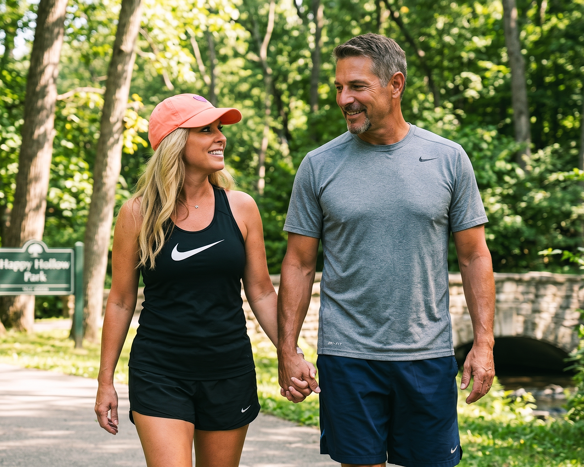 A joyful, candid photo of Heather and jrm holding hands and smiling at each other in Happy Hollow Park, summer 2018.