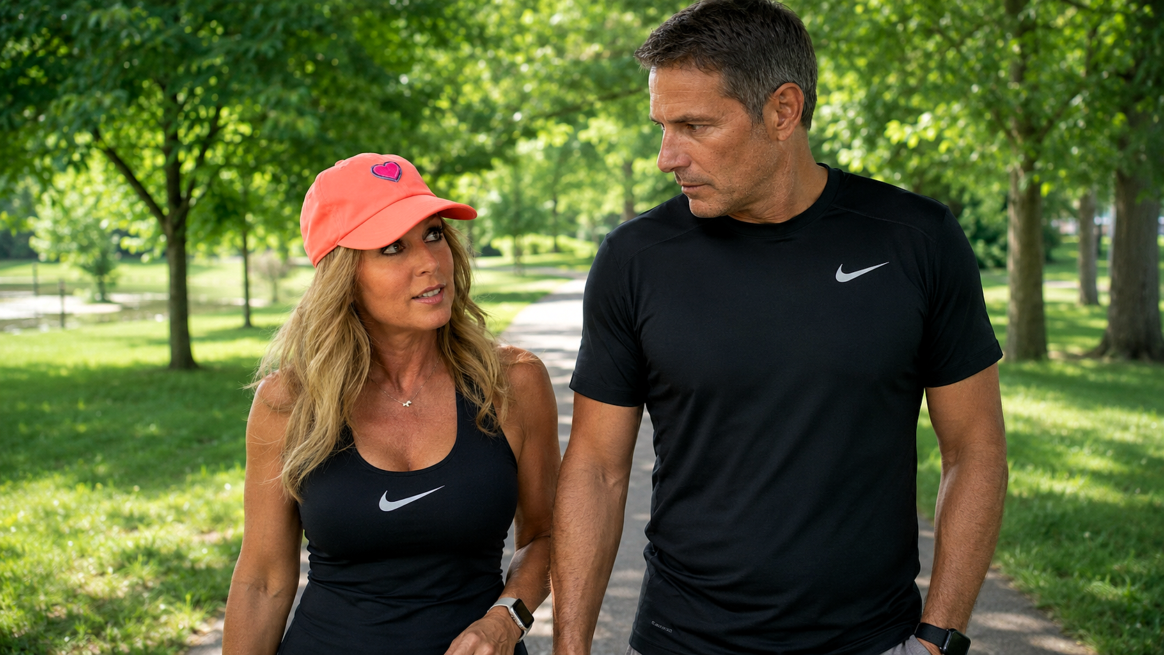 Heather and jrm walking and talking on a park trail in the summer of 2018.