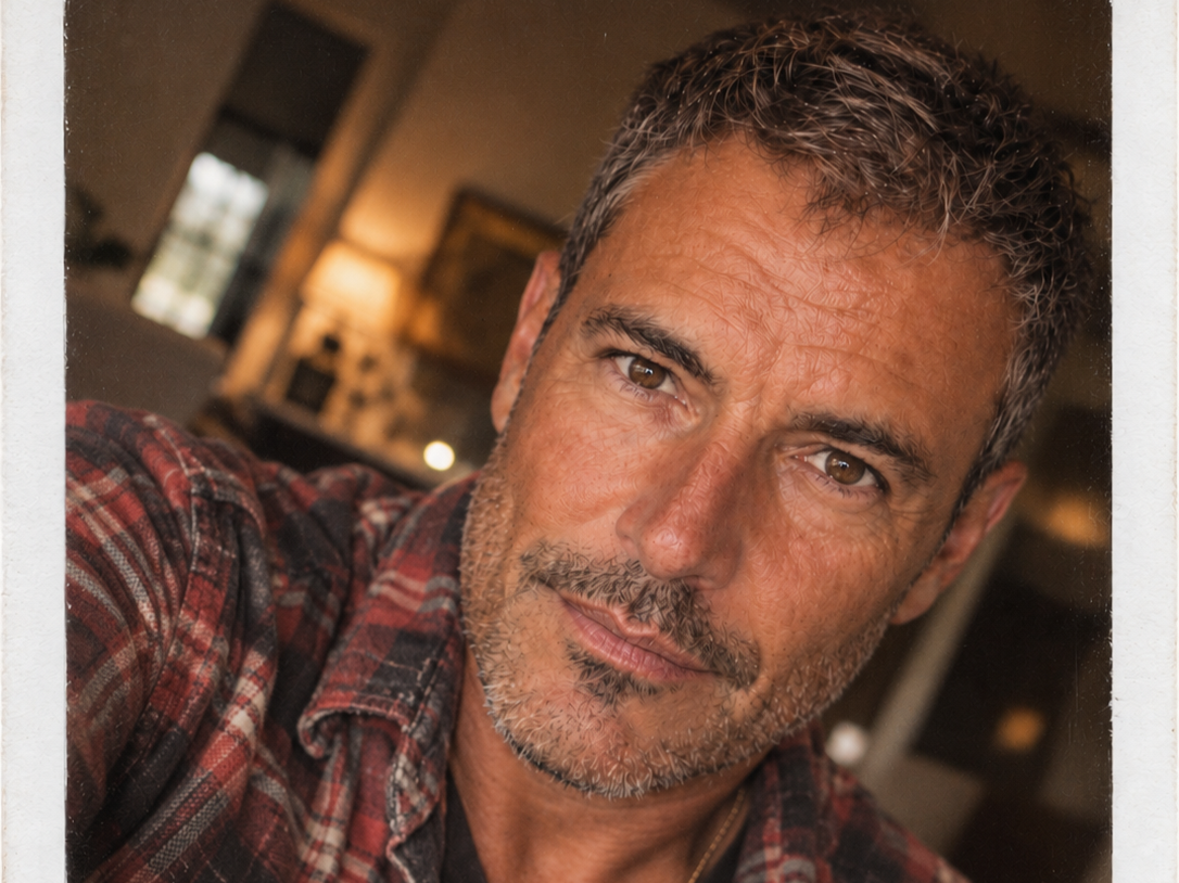 Joey in a close-up, slightly angled portrait wearing a red plaid shirt in 2026.