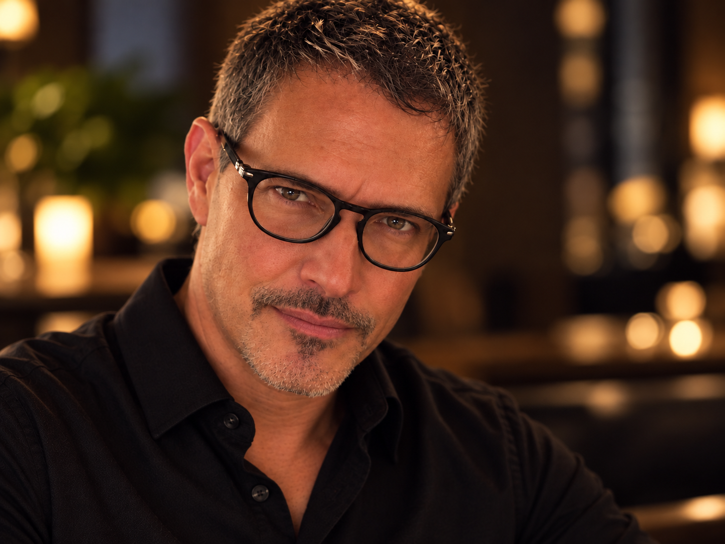 Joey wearing dark glasses and a black collared shirt in a warmly lit setting in Wentzville MO in late 2021.