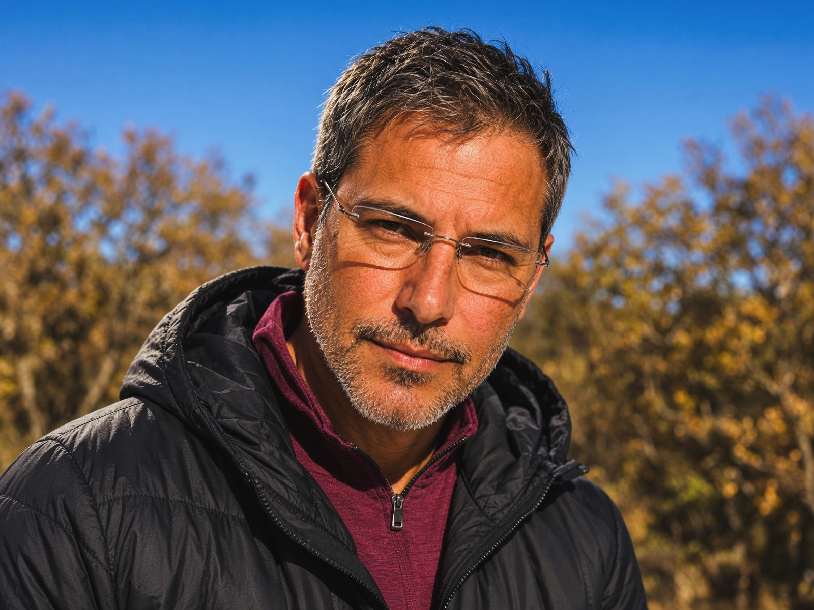 Joey outdoors in November 2021, wearing rimless glasses, a black puffer jacket and a burgundy quarter-zip shirt, with autumn foliage and blue skies in the background.