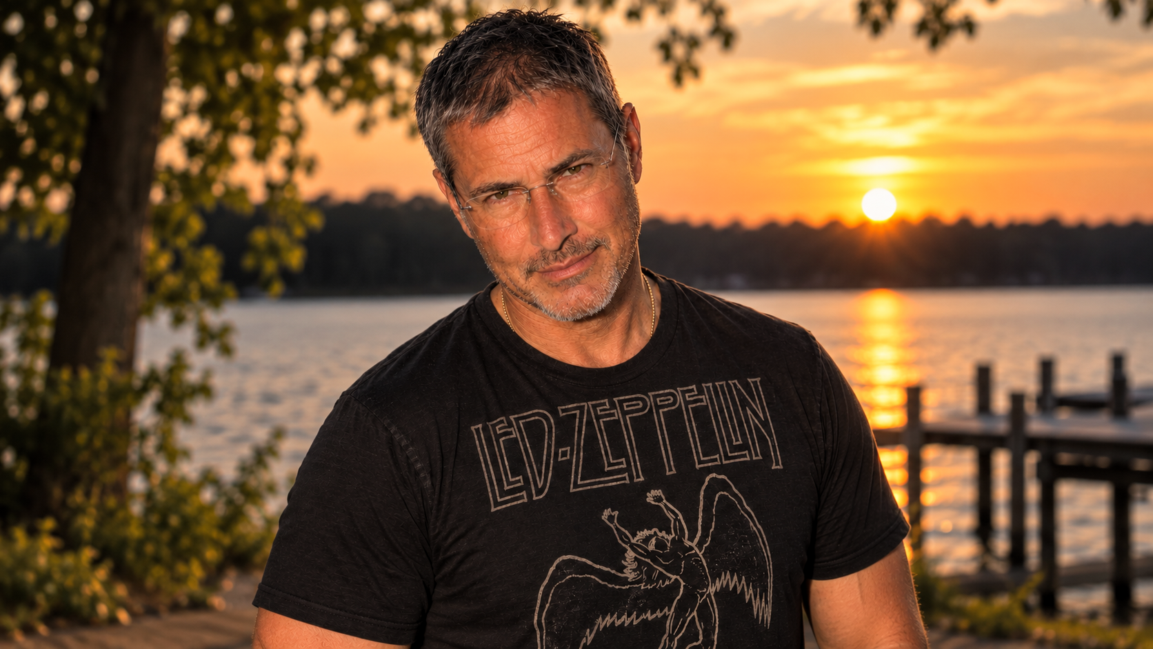 Joey standing by a lake at sunset wearing a black Led Zeppelin t-shirt.