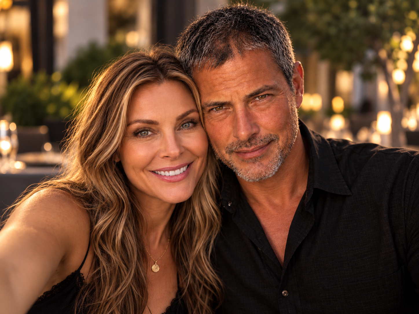 Joey and B smiling together outdoors during a warm summer evening in 2026.