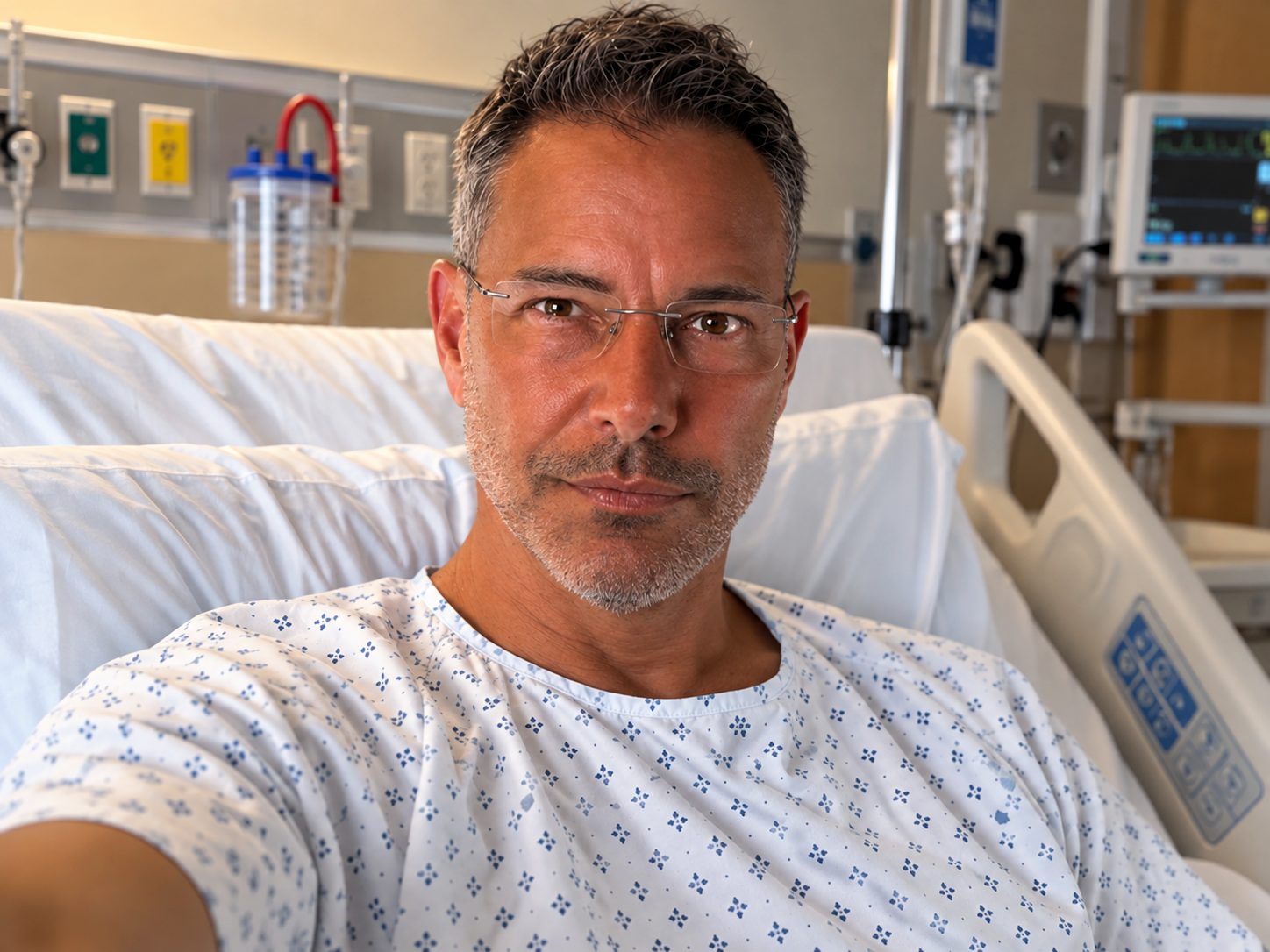 Joey sitting in a hospital bed wearing a patterned hospital gown in August 2026 during his L4-L5 TLIF spinal fusion surgery experience.