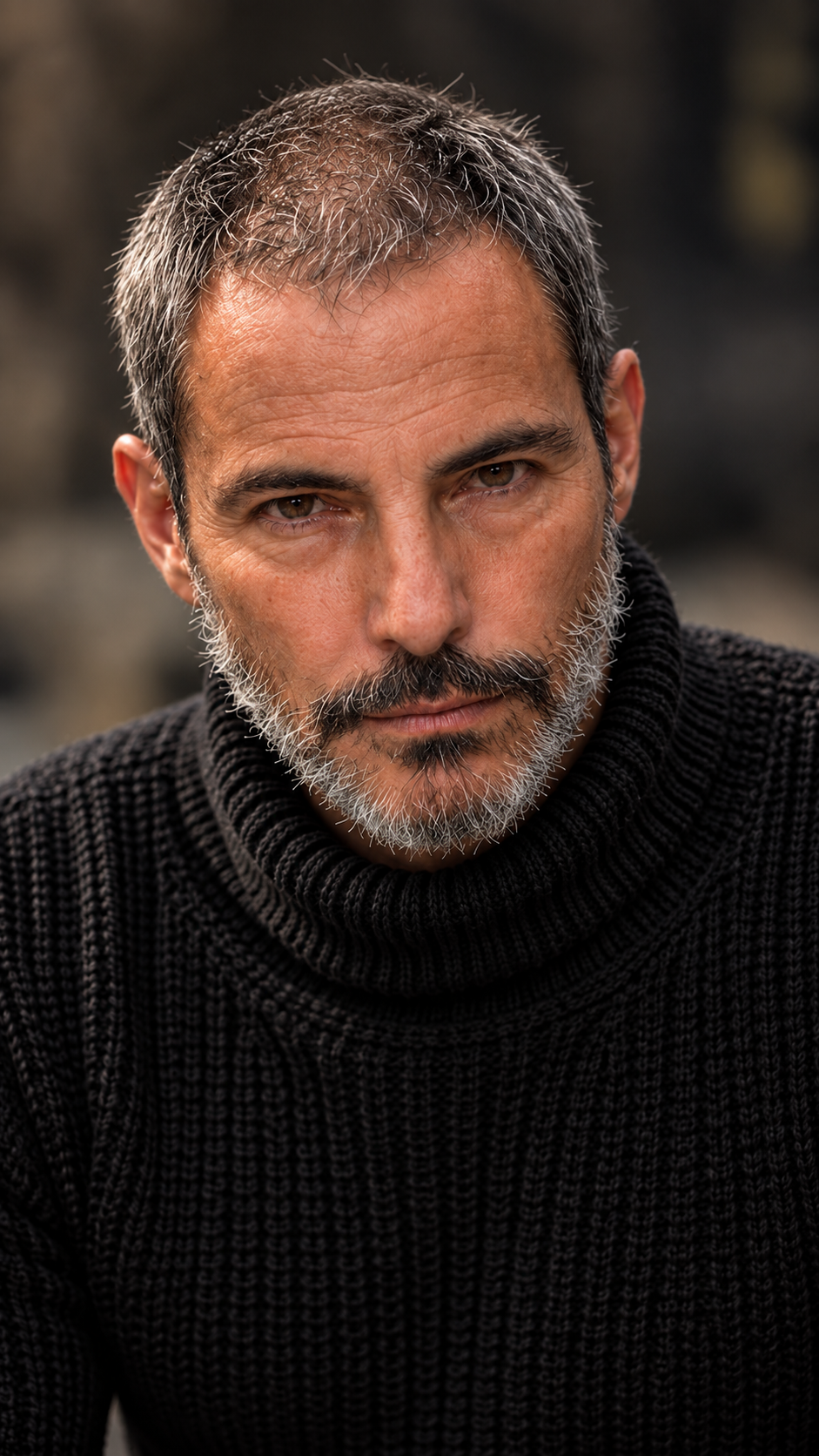Close portrait in a black knit sweater during a long period of stroke recovery.