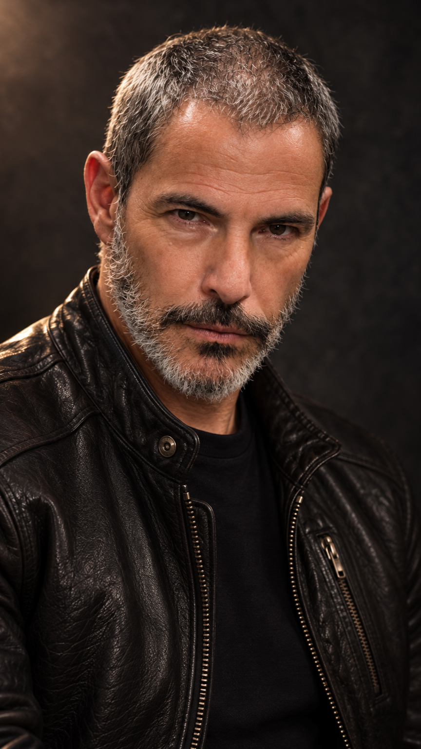 Portrait in a black leather jacket representing resilience during the continuing journey after a stroke.