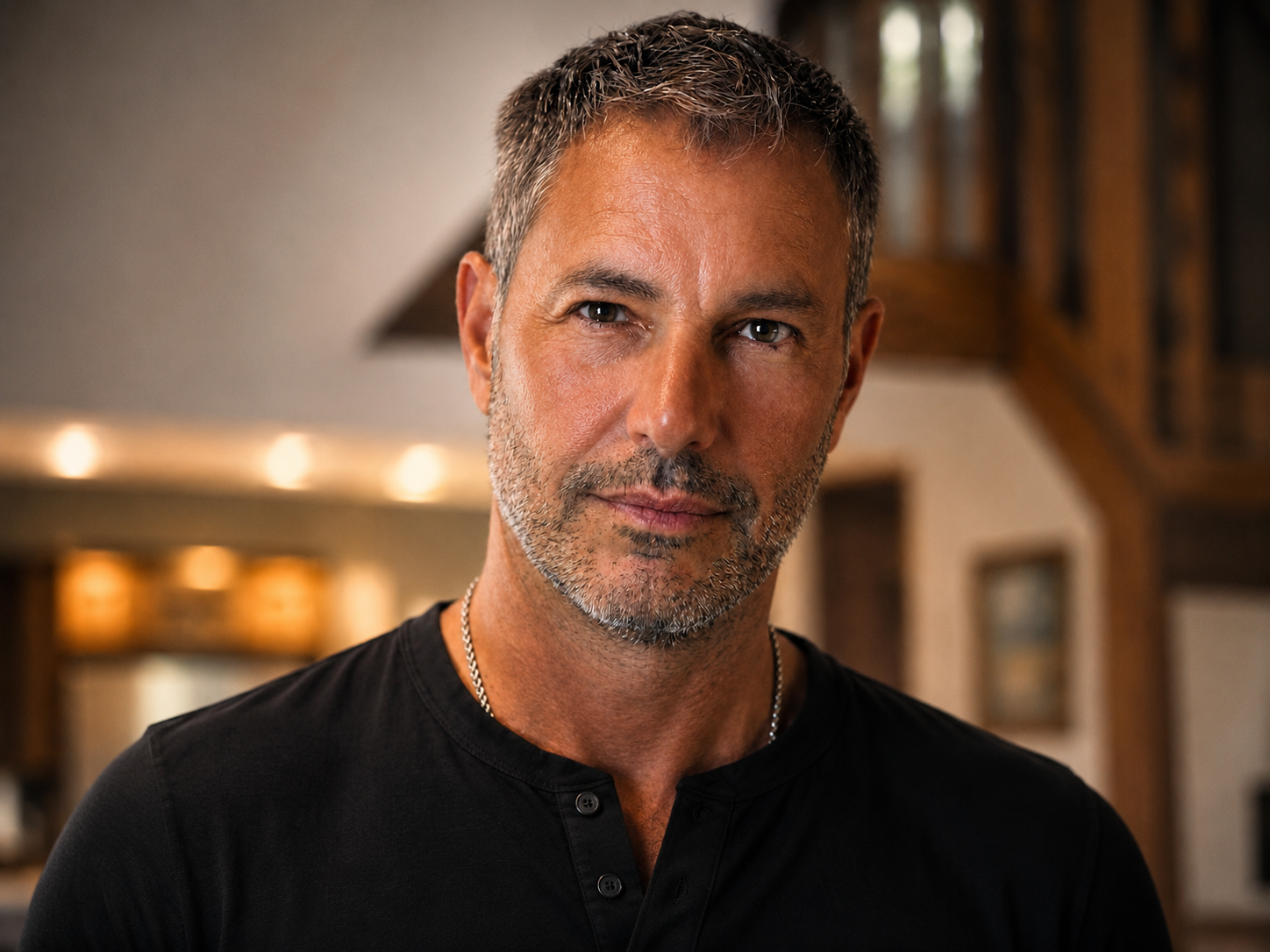 A close-up indoor portrait of a man in a black henley shirt, looking directly at the camera with a calm expression in May 2026.