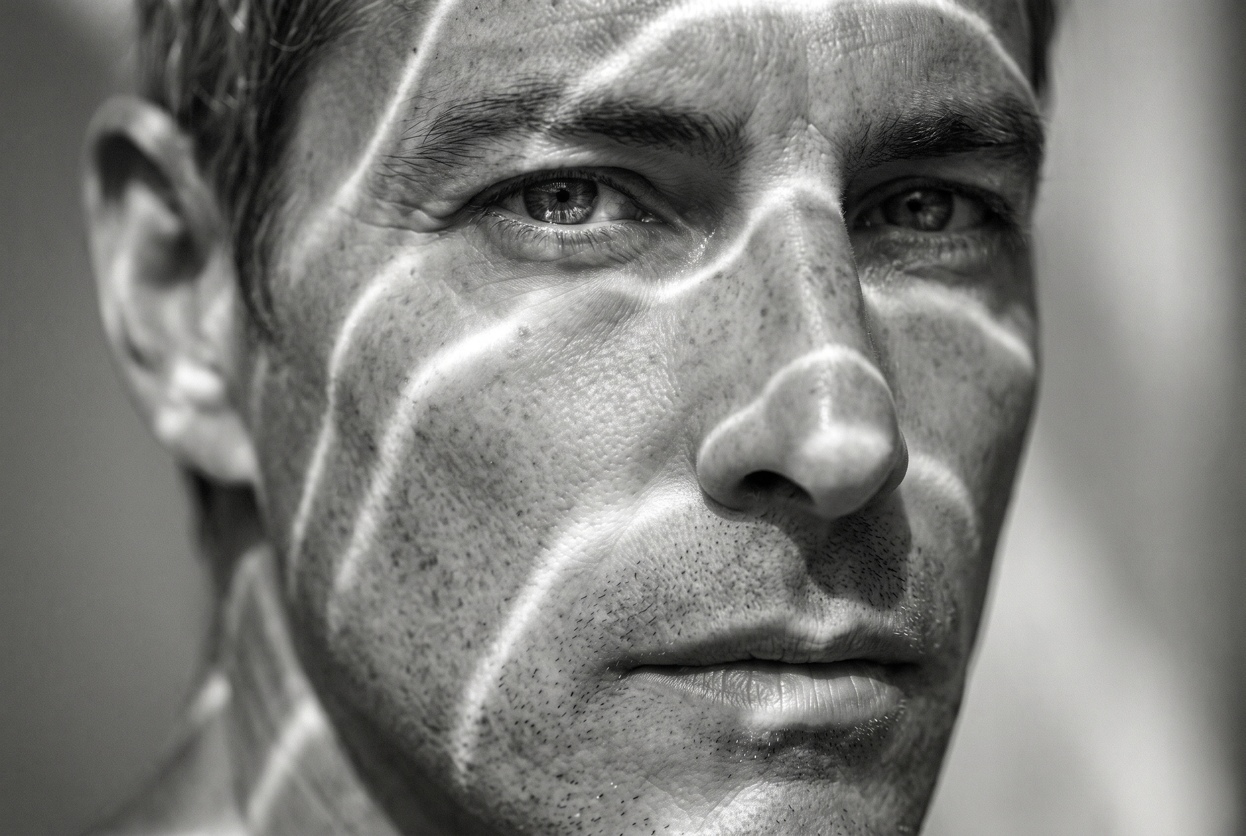Extreme close-up, high-contrast black and white portrait of Joey at 58, with distinct bands of light and shadow crossing his face.