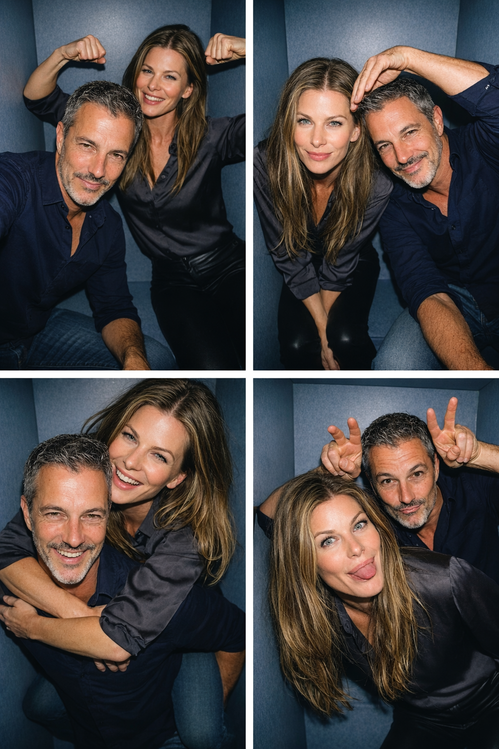 Four-panel photo collage of Joey Montes and his friend in a blue studio, featuring flexing, head pats, piggyback rides, and funny faces.