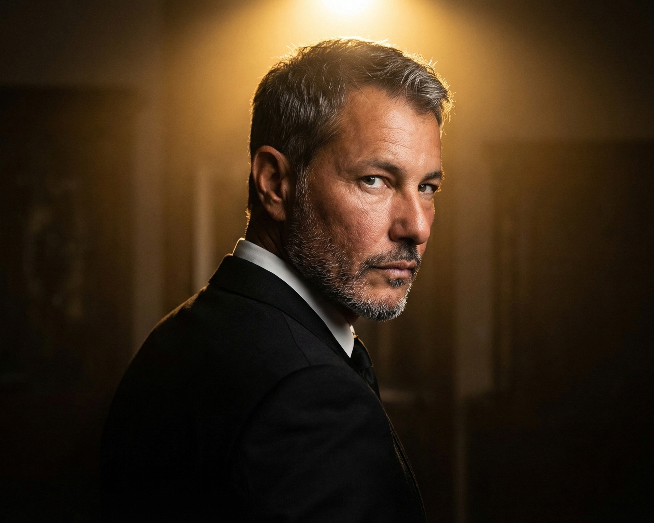 A professional portrait from March 2026 showing a man in a black suit with dramatic backlight.