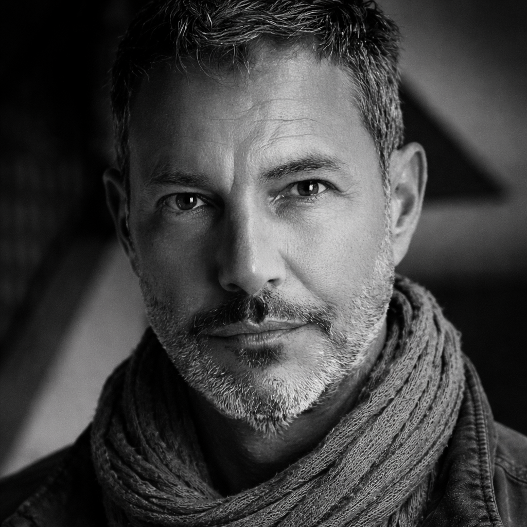 Black and white close-up portrait of Joey Montes wearing a scarf, looking directly at the camera with a serious expression.