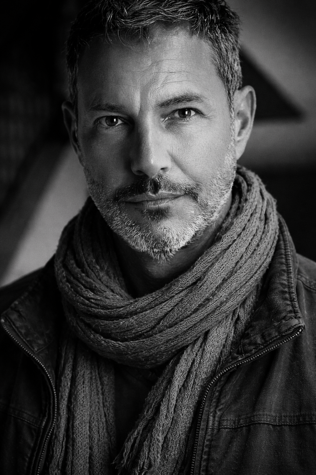 Vertical black and white portrait of Joey Montes wearing a textured scarf and jacket.