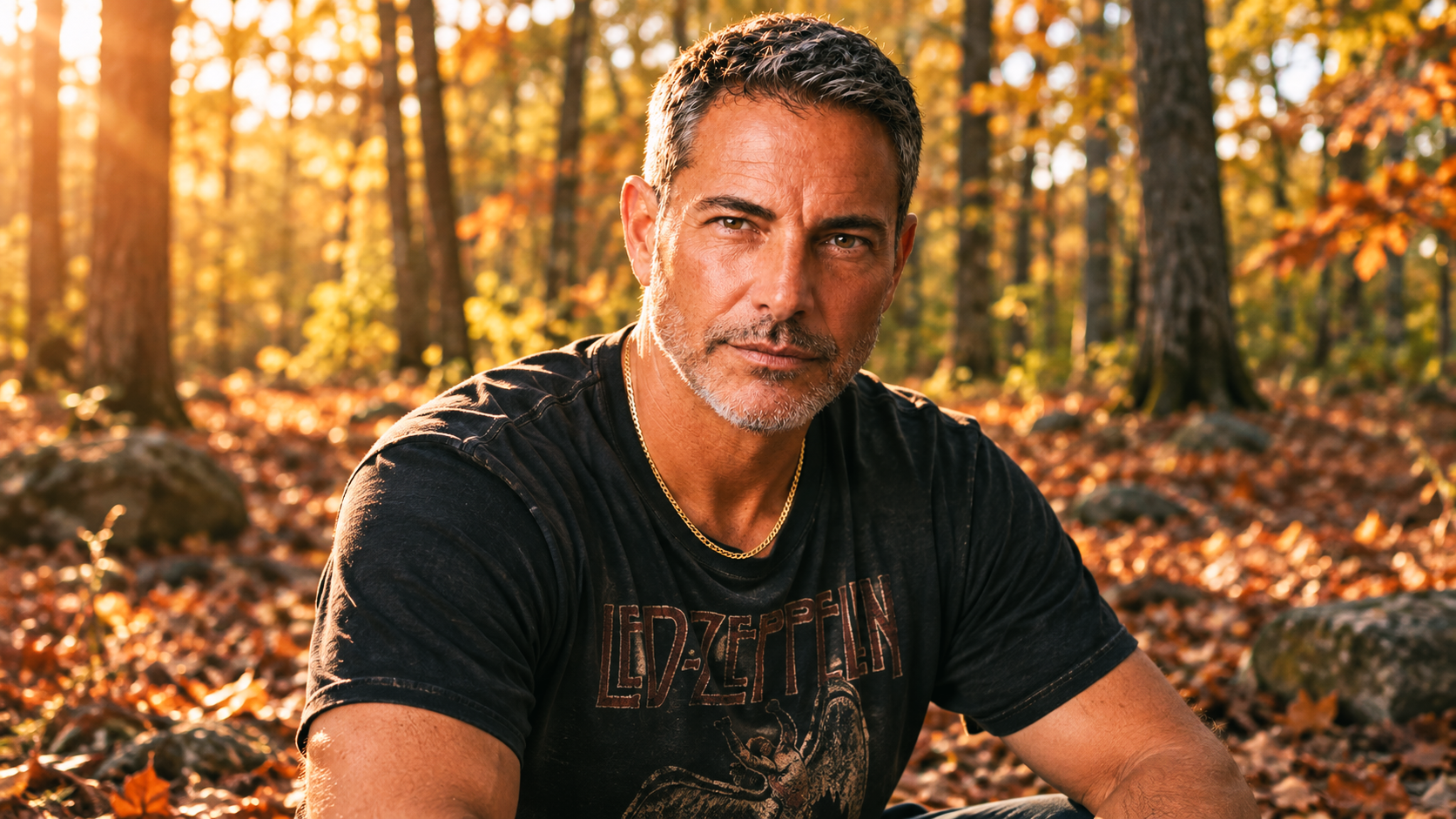 Joey outdoors in autumn 2026, wearing a vintage black Led Zeppelin T-shirt and gold chain, surrounded by golden fall foliage in warm afternoon sunlight.