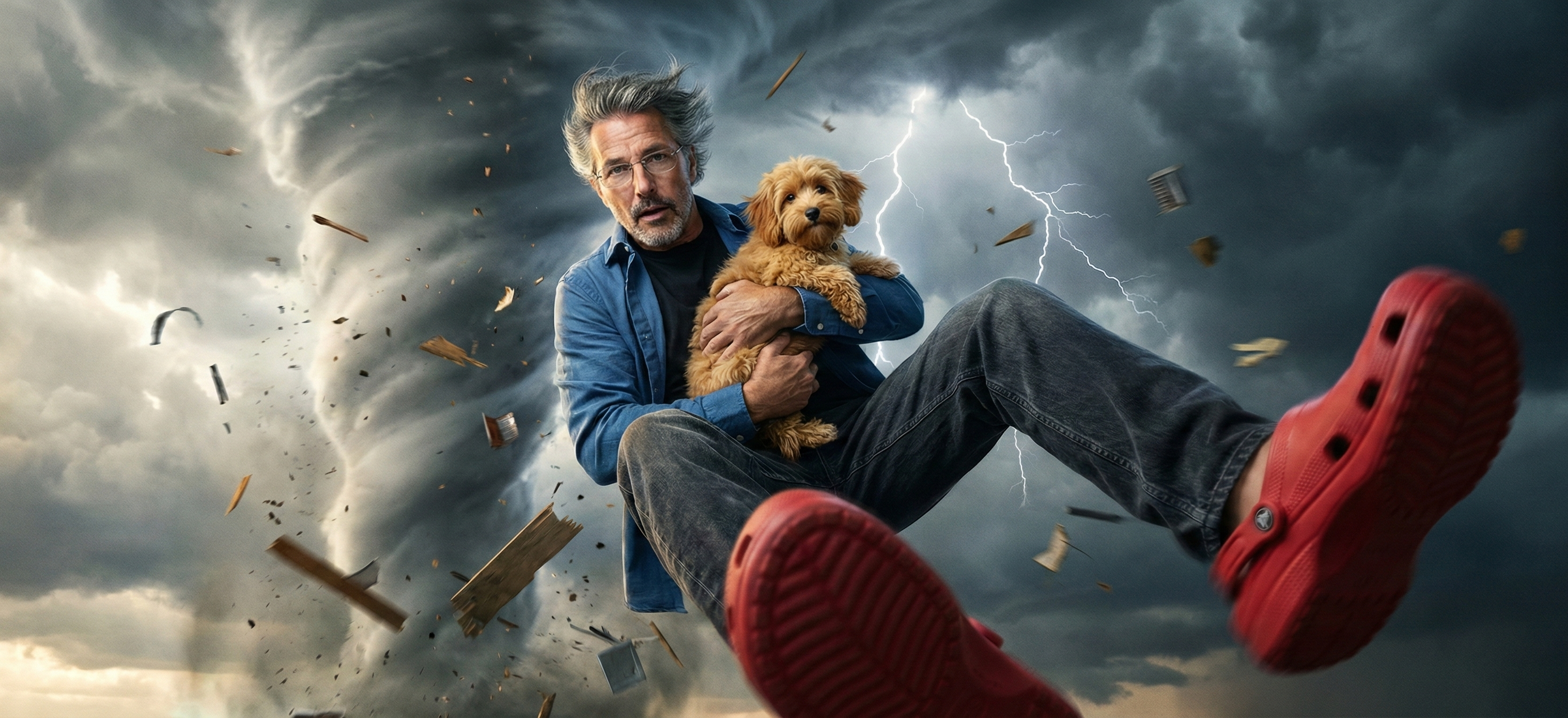 Surreal wide banner art of Joey Montes floating in a tornado holding a puppy, wearing bright red Crocs.