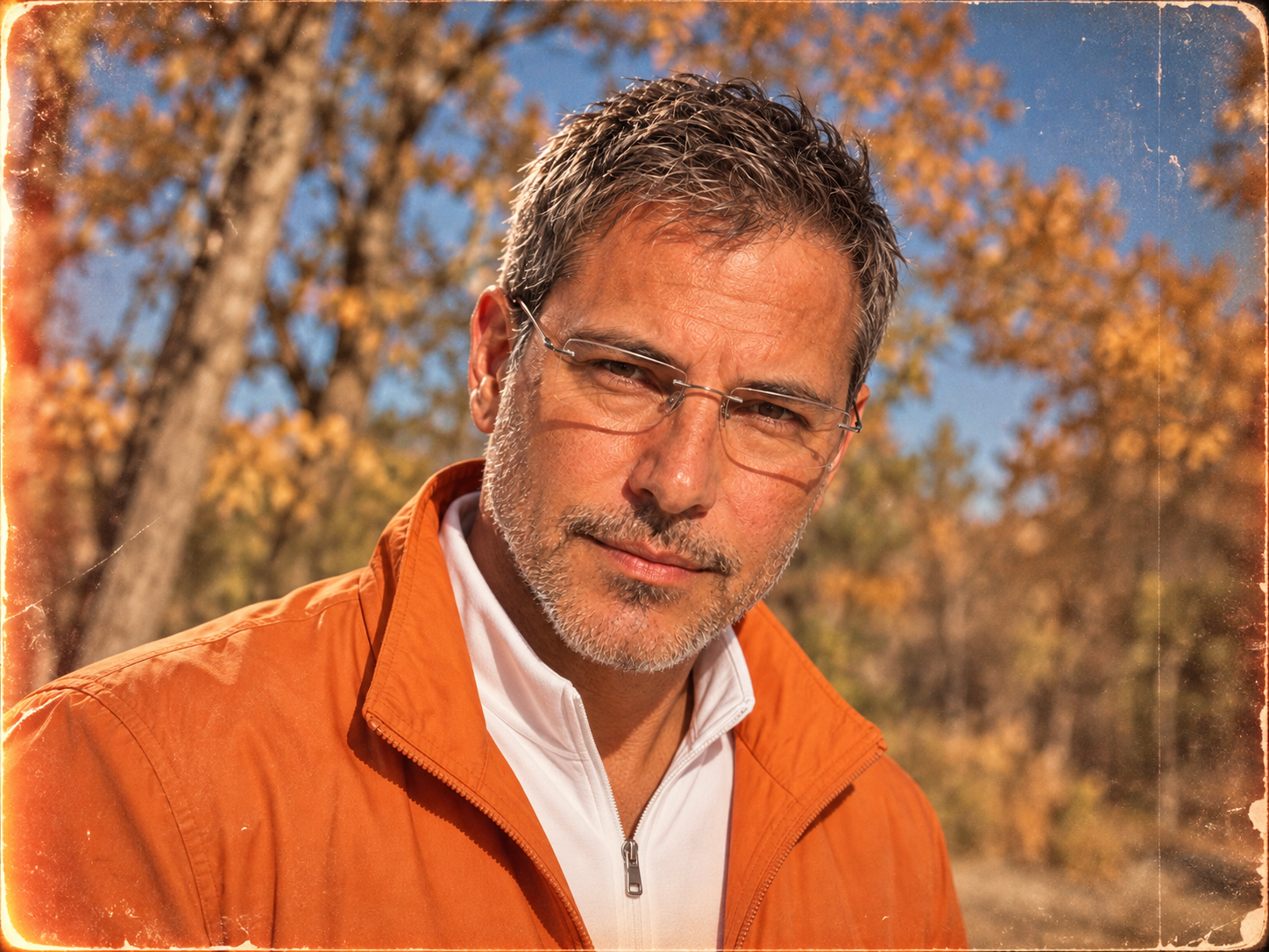 Joey outdoors in November 2020, wearing rimless glasses, an orange jacket and a white quarter-zip shirt, surrounded by golden autumn foliage.