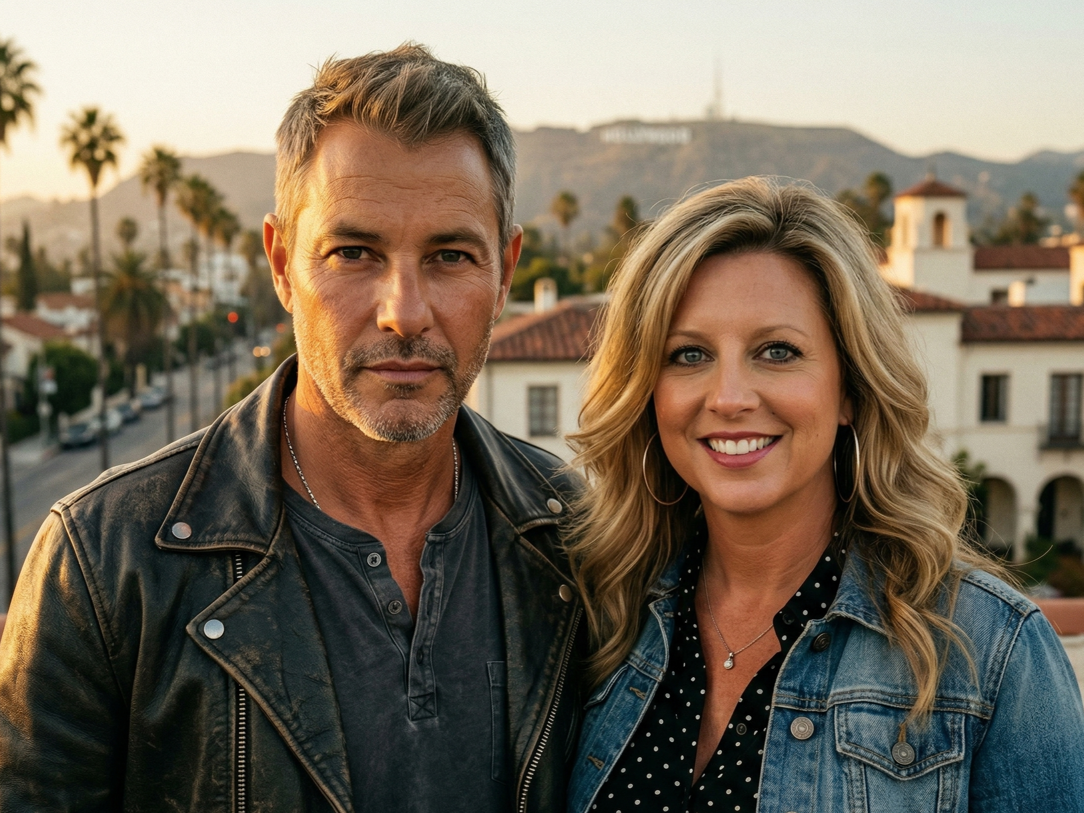 Heather Killebrew in a denim jacket and polka-dot top with the Hollywood sign in the background at sunset.