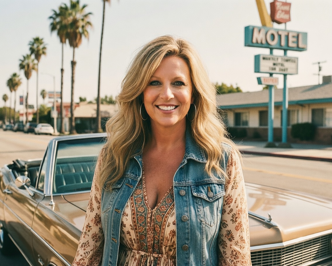 Heather Killebrew smiling in a denim vest next to a vintage gold car and a motel sign.