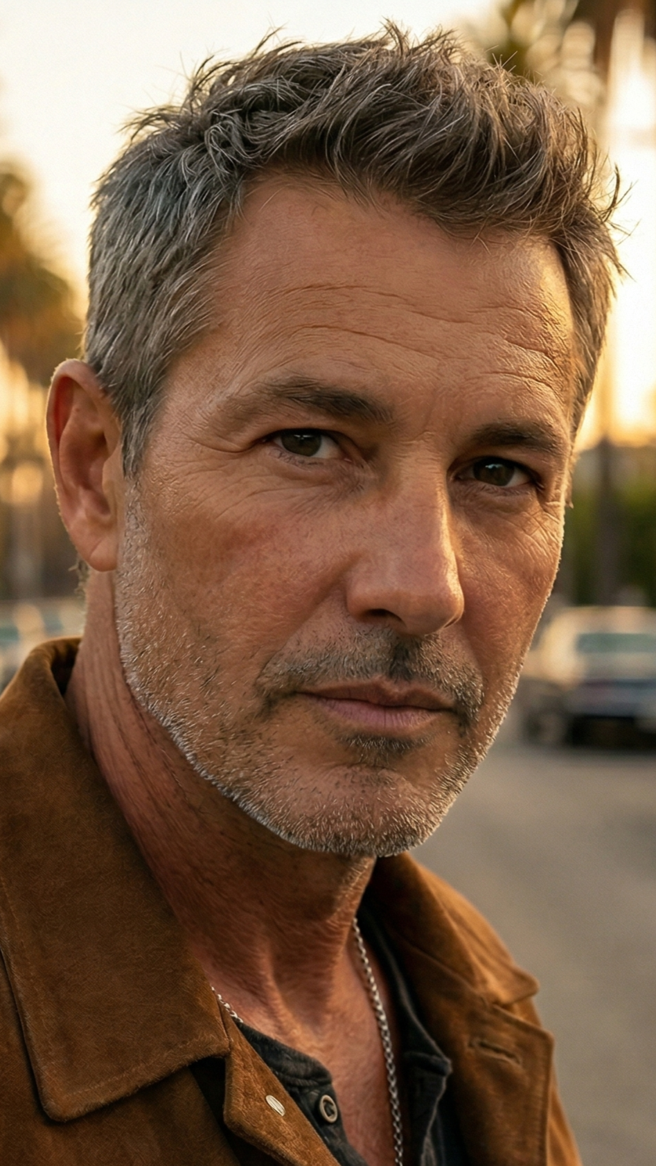 Close-up portrait of the man during a California sunset.