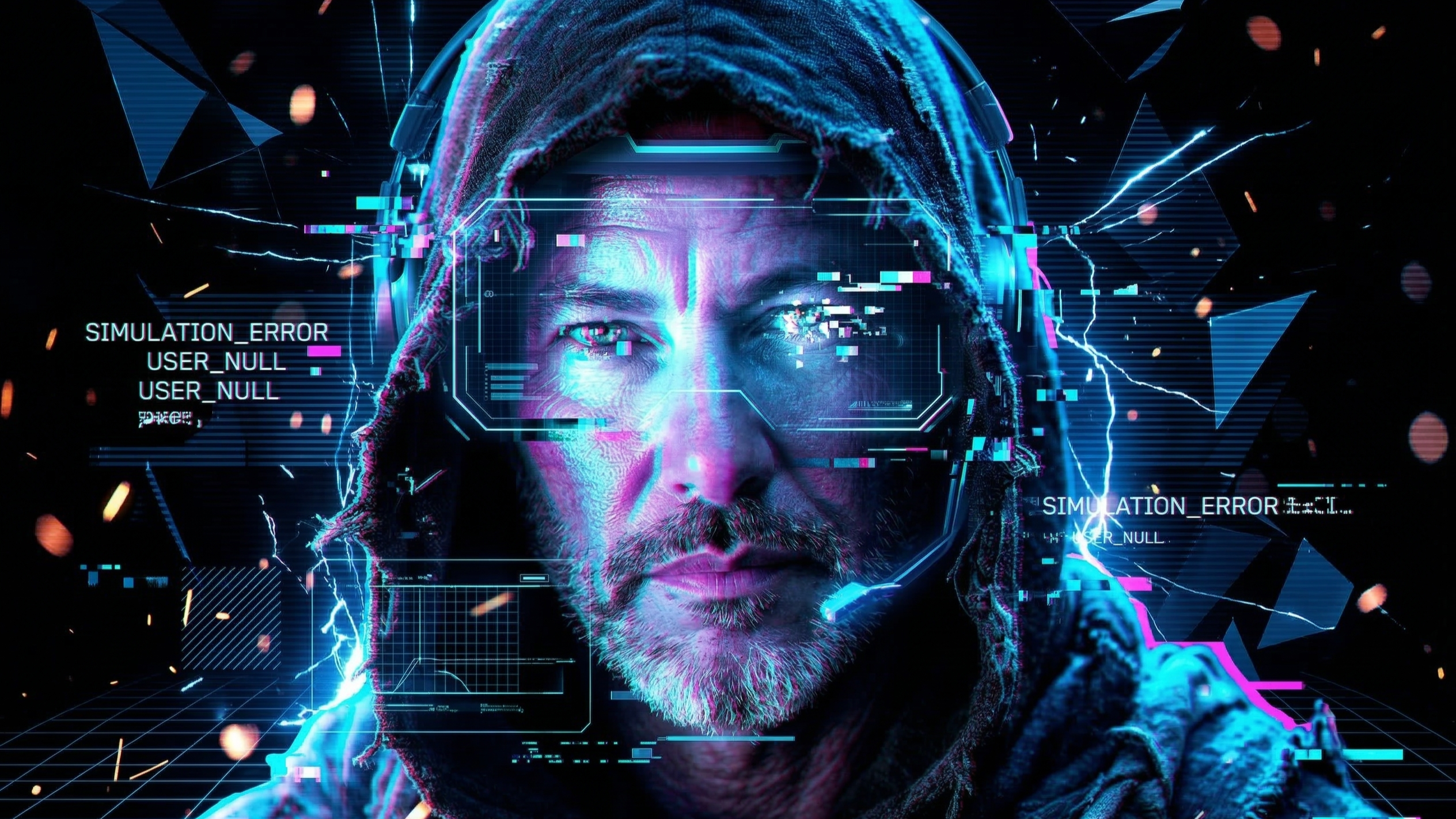 A cyberpunk AI portrait of Joey Montes with neon lights, a digital visor, and glitchy error messages like SIMULATION_ERROR.