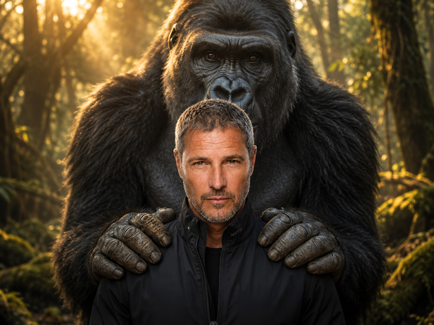 A powerful cinematic portrait of a man in the jungle with a silverback gorilla, symbolizing the strength of the MKTG brand.