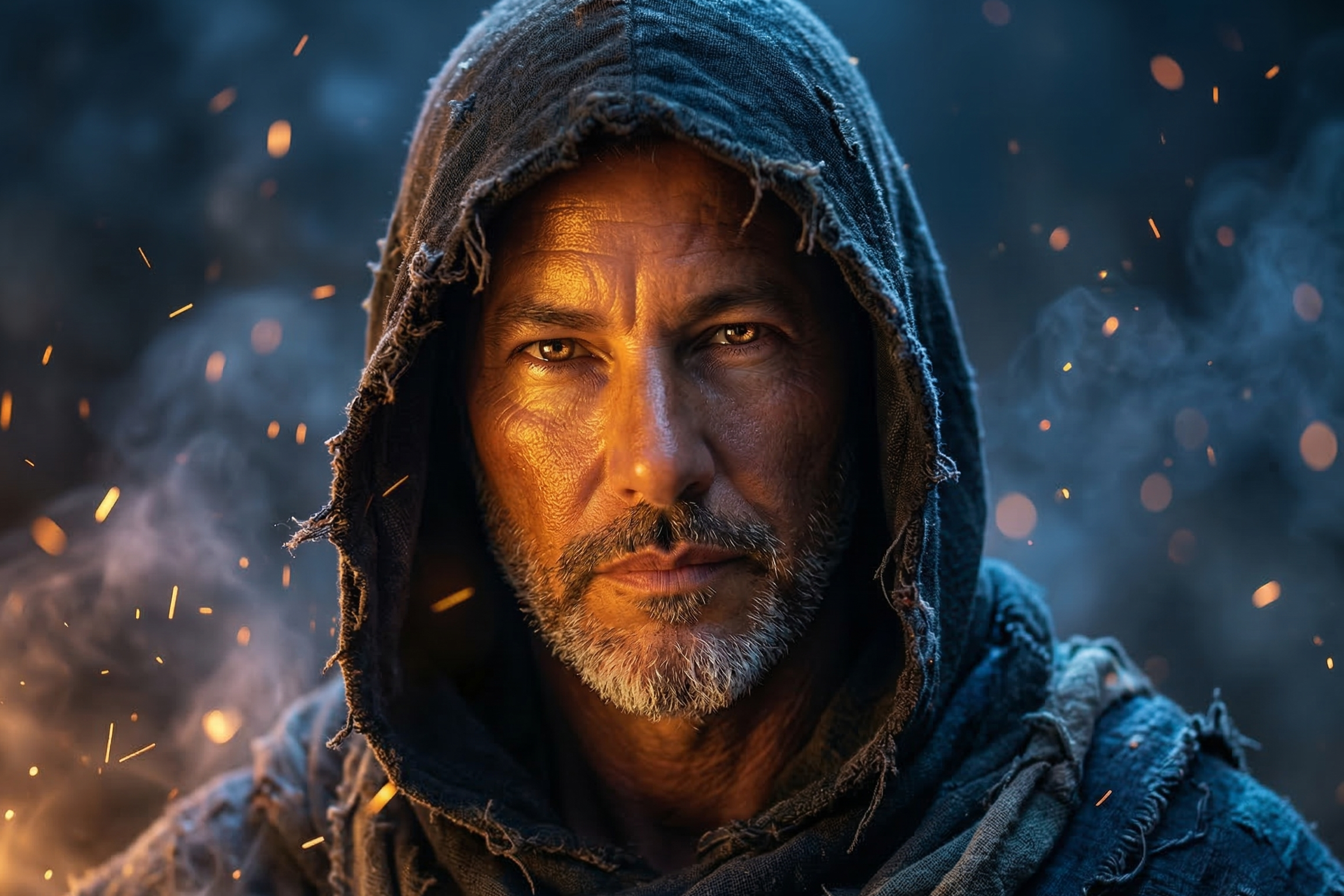 A dramatic, AI-generated portrait of Joey Montes wearing a dark hood with fiery orange and cool blue lighting.