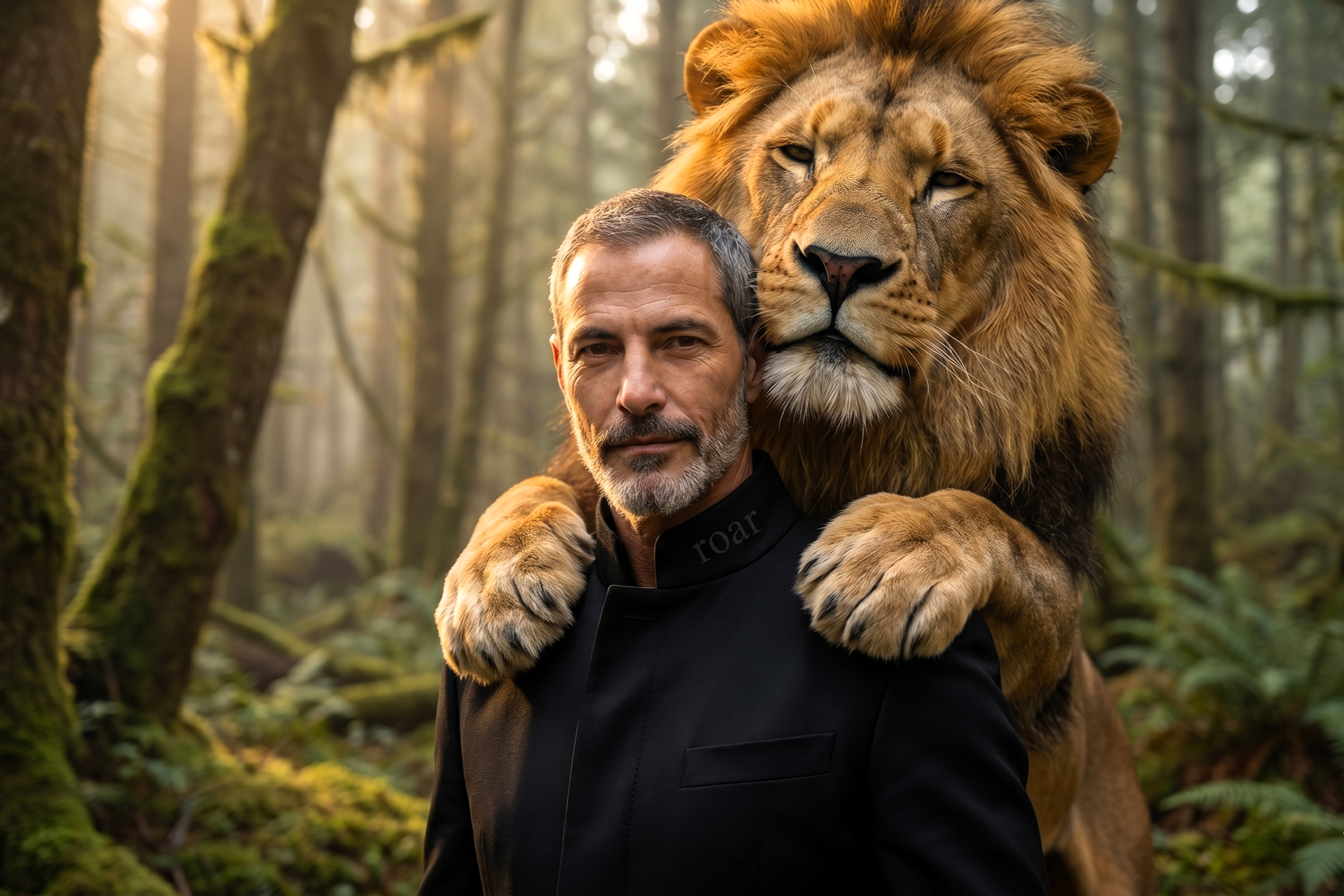 A majestic brand portrait for roar, featuring a man and a lion in a misty, sun-drenched forest.