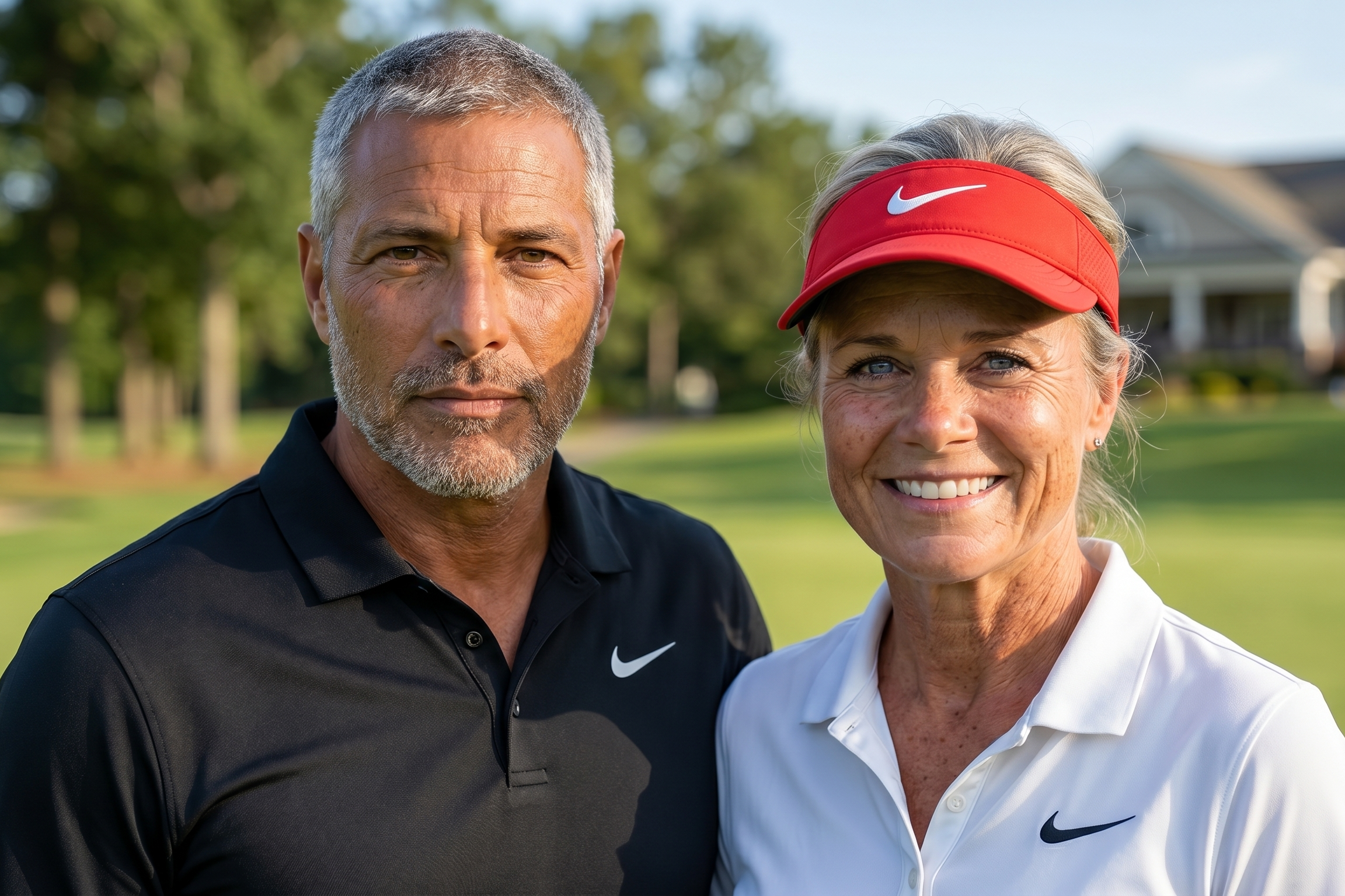 A realistic, imagined portrait of jrm and Dawne twenty-five years into the future, standing together on a golf course.
