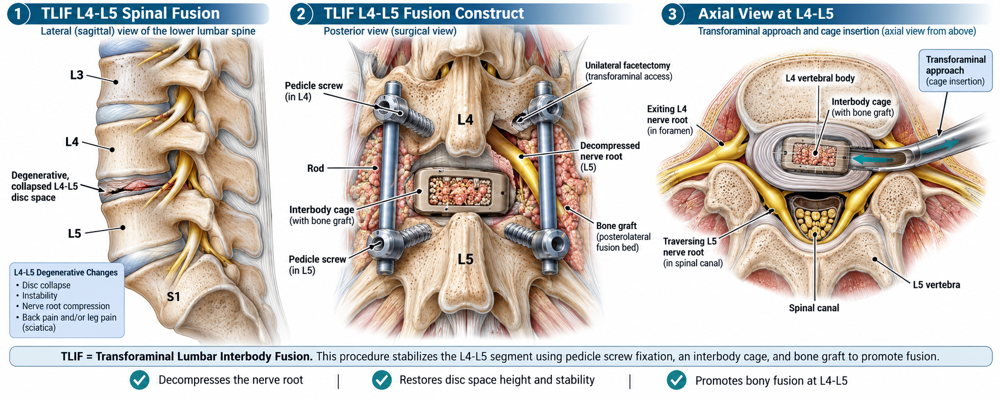 I wanted to share this graphic because it gives a clear look at what happens during a TLIF at L4-L5.

TLIF stands for Transforaminal Lumbar Interbody Fusion. The procedure is designed to stabilize the segment between the L4 and L5 vertebrae while also creating more room for compressed nerves.

The first view shows the lower lumbar spine from the side and highlights a degenerative, collapsed L4-L5 disc space. Changes at this level can contribute to instability, nerve compression, back pain, and pain that travels...